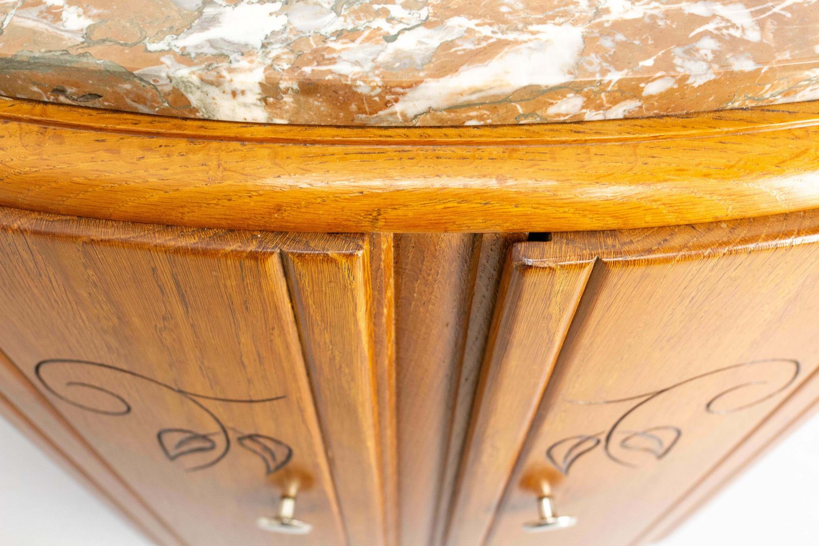 photo for sale French Mid Century Oak & Marble Top Little Cabinet, Circa 1960