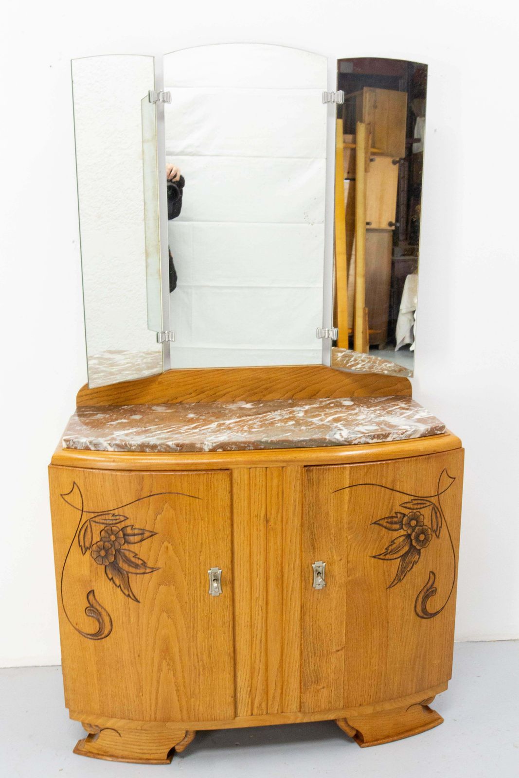 French Midcentury Oak Marble Dressing Table Vanity Unit With Three Panel Mirror photo furniture