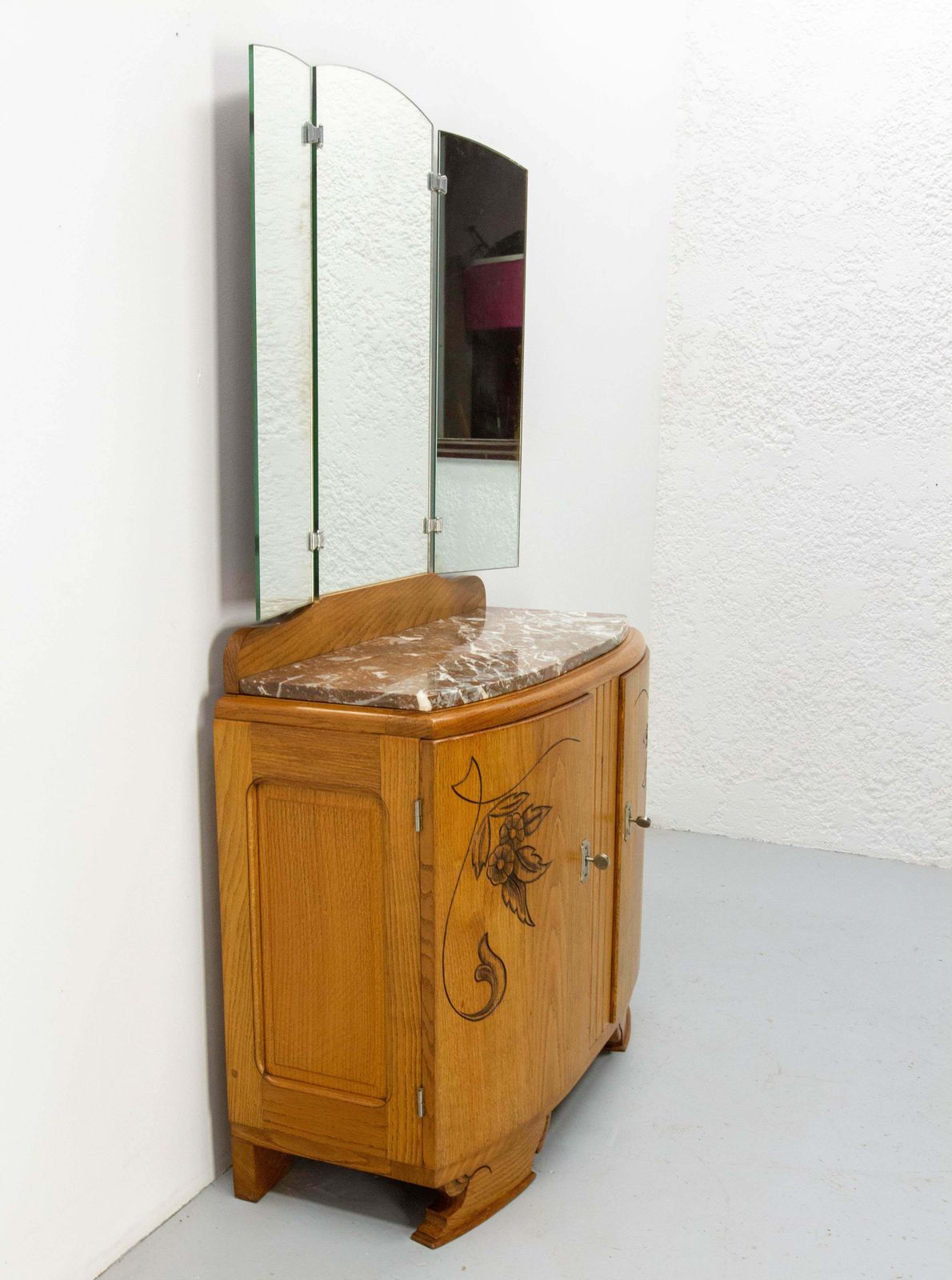 French Midcentury Oak Marble Dressing Table Vanity Unit With Three Panel Mirror photo for sale