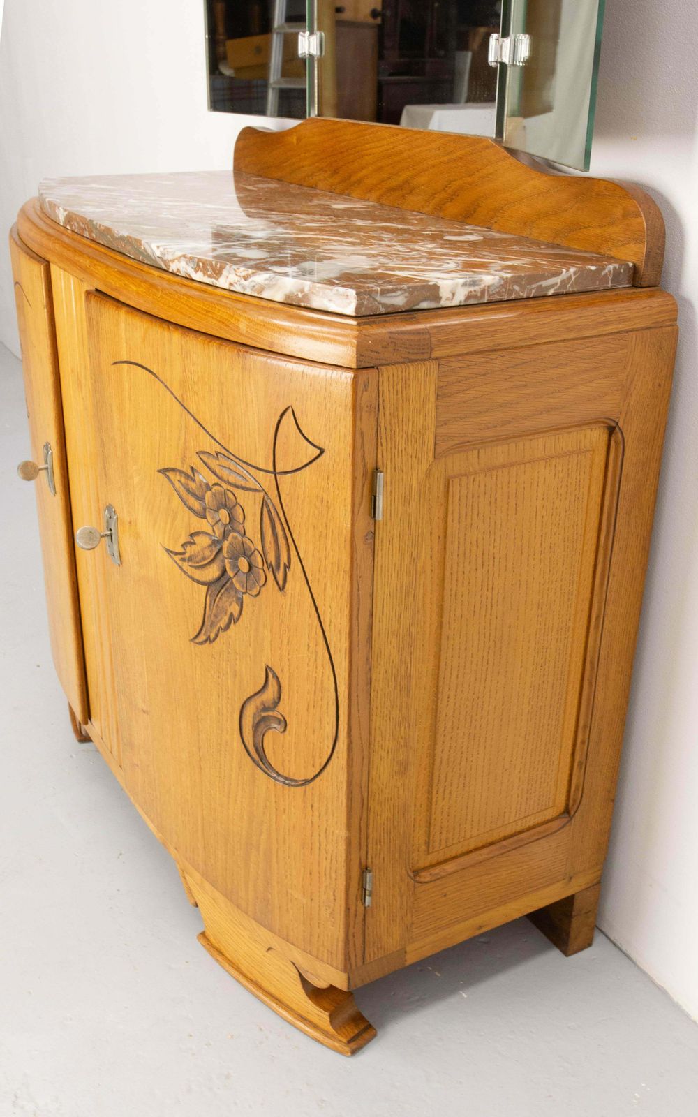 French Midcentury Oak Marble Dressing Table Vanity Unit With Three Panel Mirror photo buy