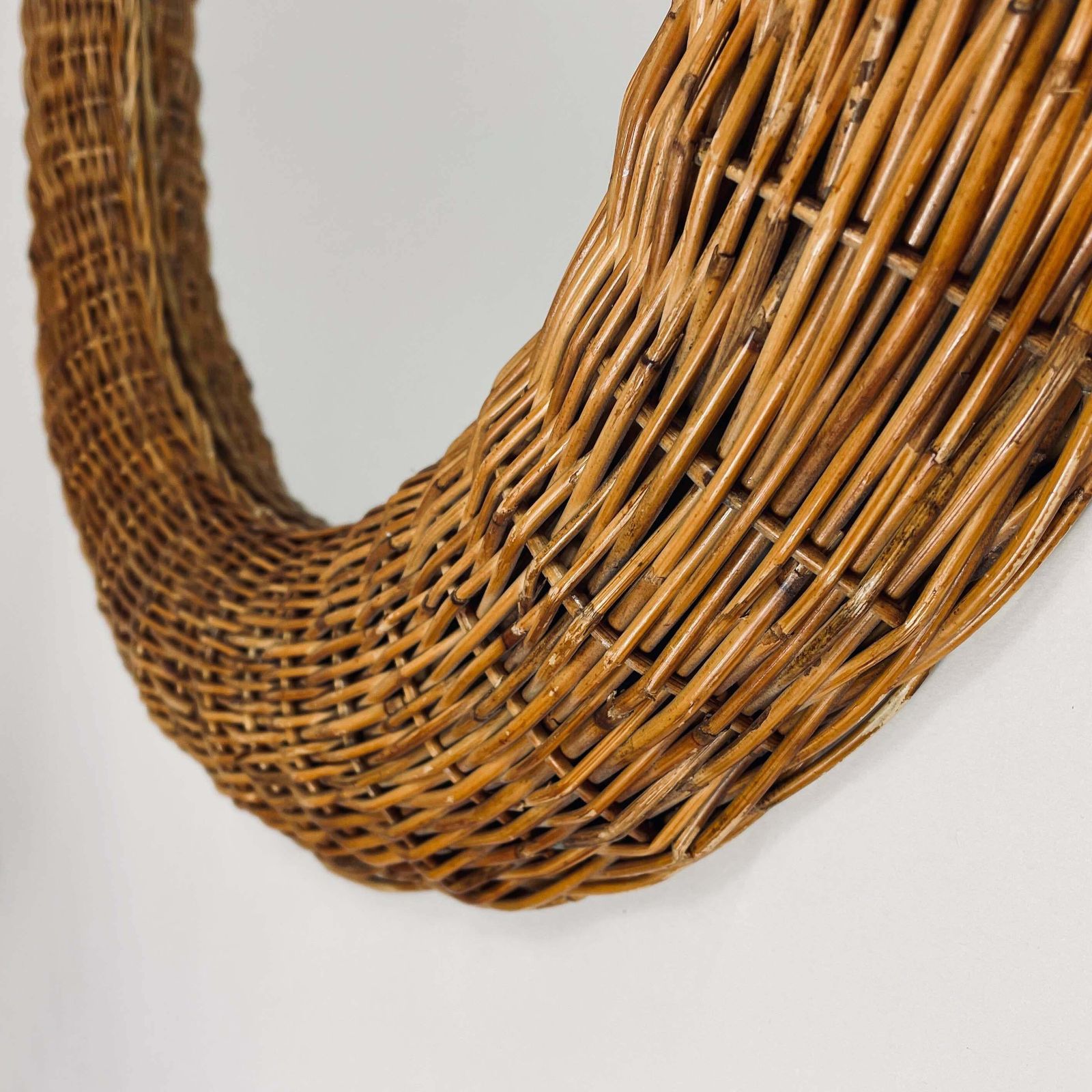 photo buy Riviera Style Round Woven Rattan Mirror, France 1950s