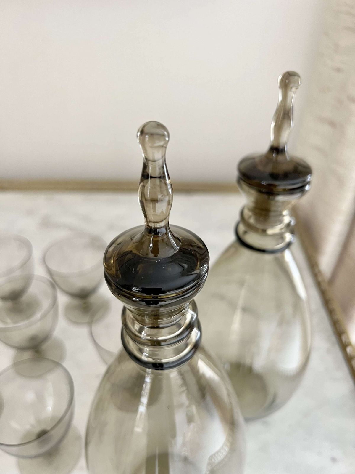 Pair Scandinavian Smoked Decanters & 10 Glasses Suite photo for sale