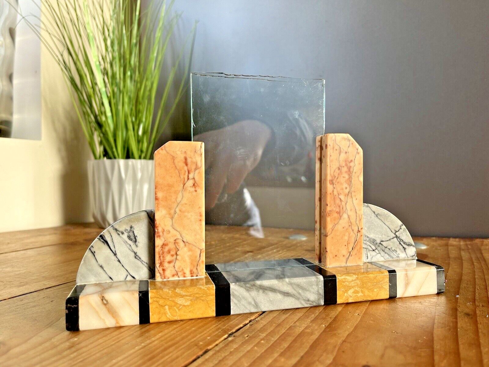 Antique Arched Art Deco French Marble Glass Desk Mantel Photo Picture Frame 30's