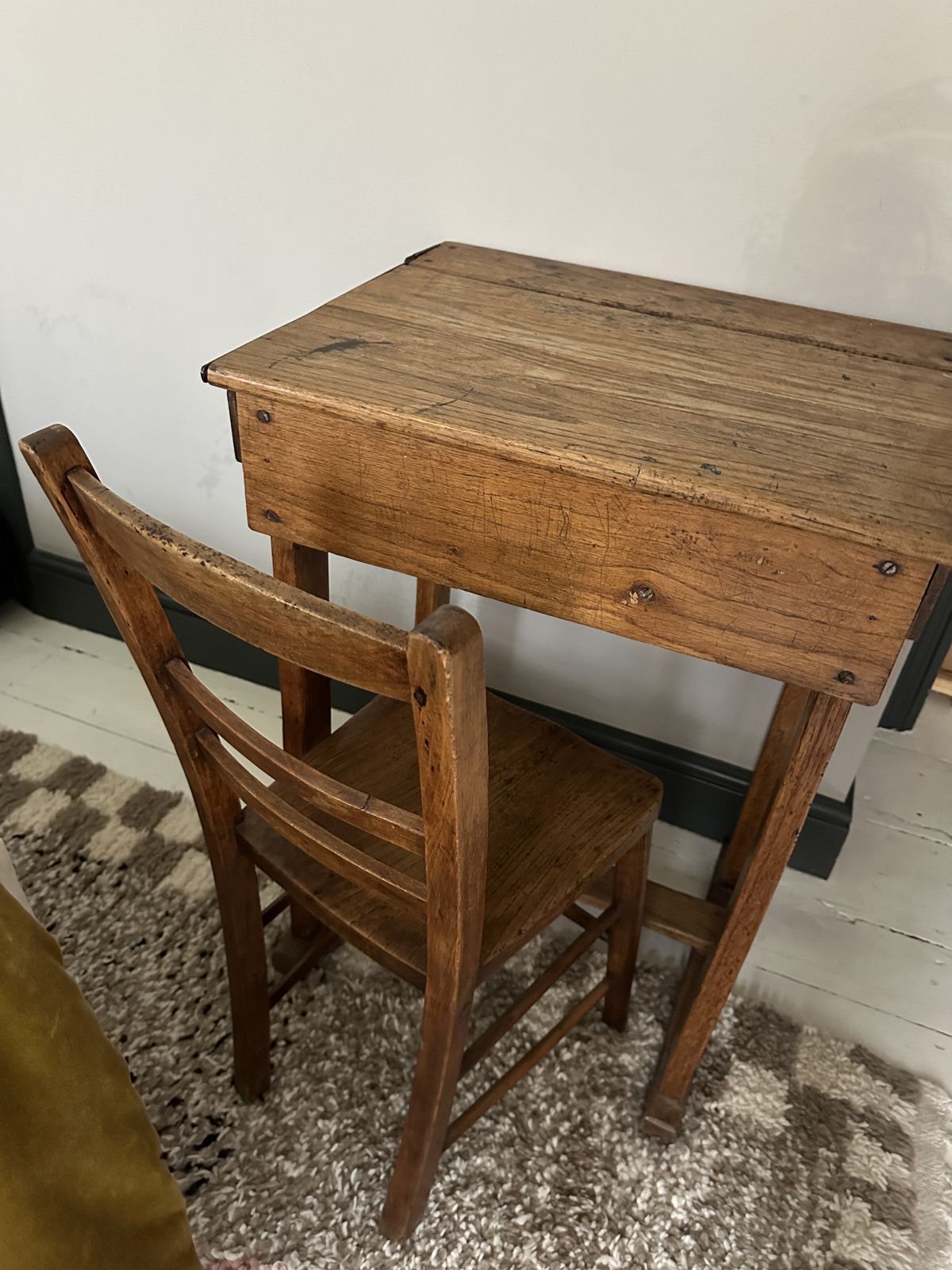 Vintage Mid 1900s French School Desk With Chair In Oak photo vinterior