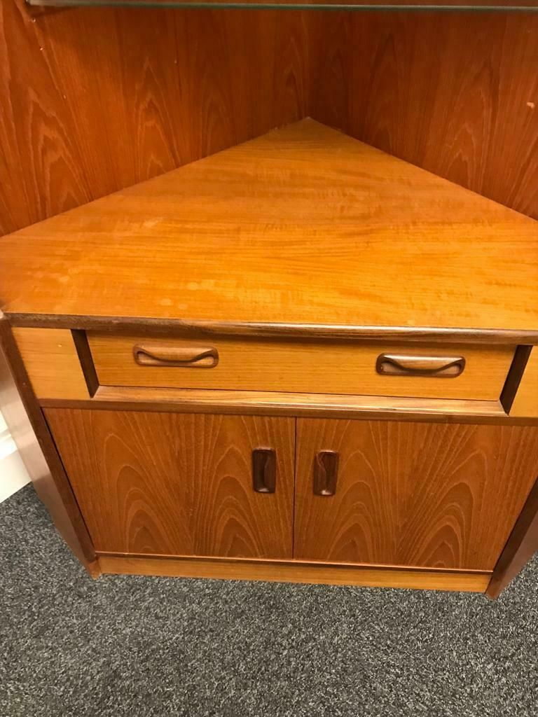 G Plan Retro Teak Coloured Corner Unit With Glass Sliding Doors & Drawers photo furniture