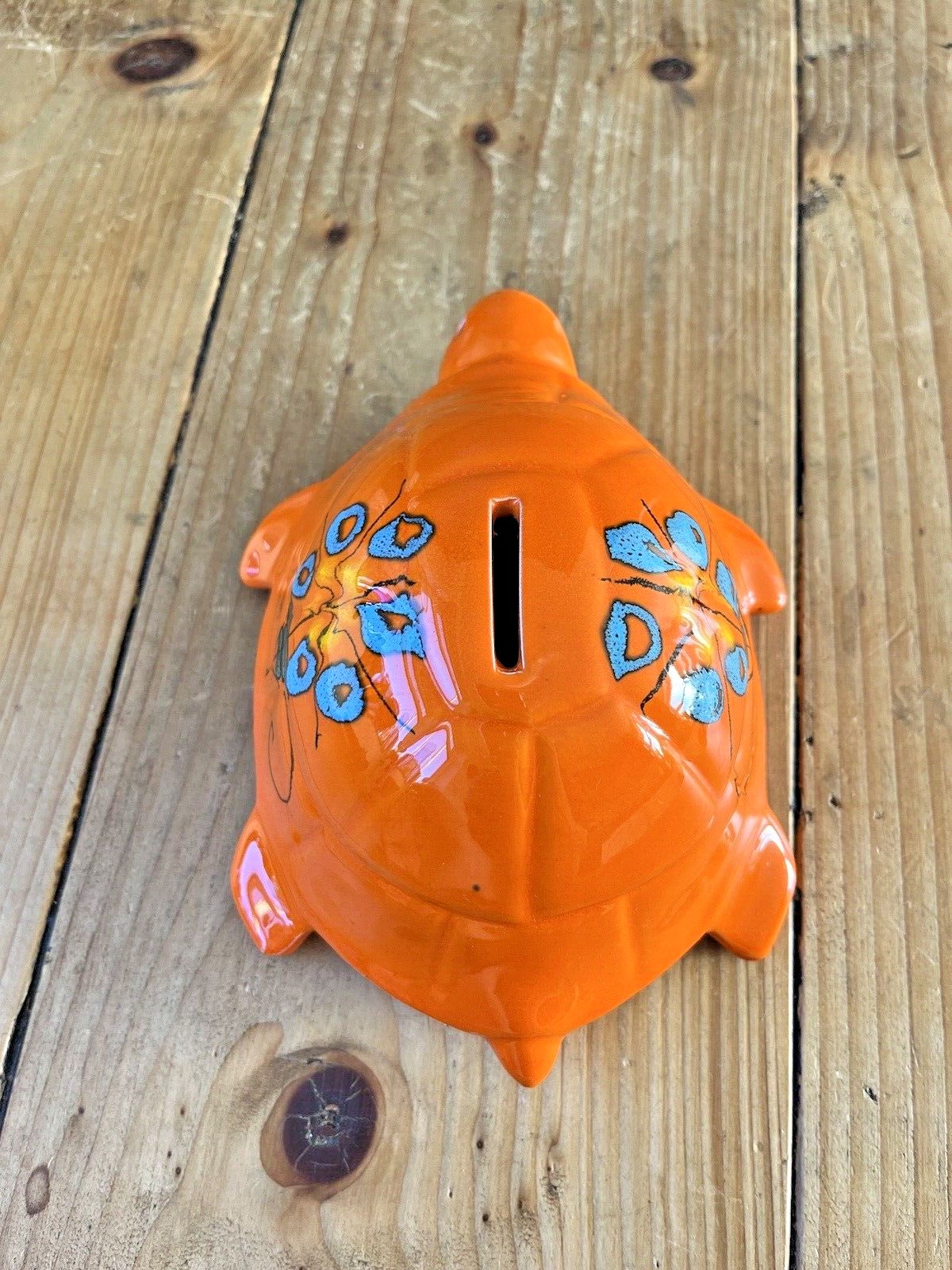 Superb 60's Bright Orange Floral Italian Sica Sicart Pottery Tortoise Money Box photo vinterior