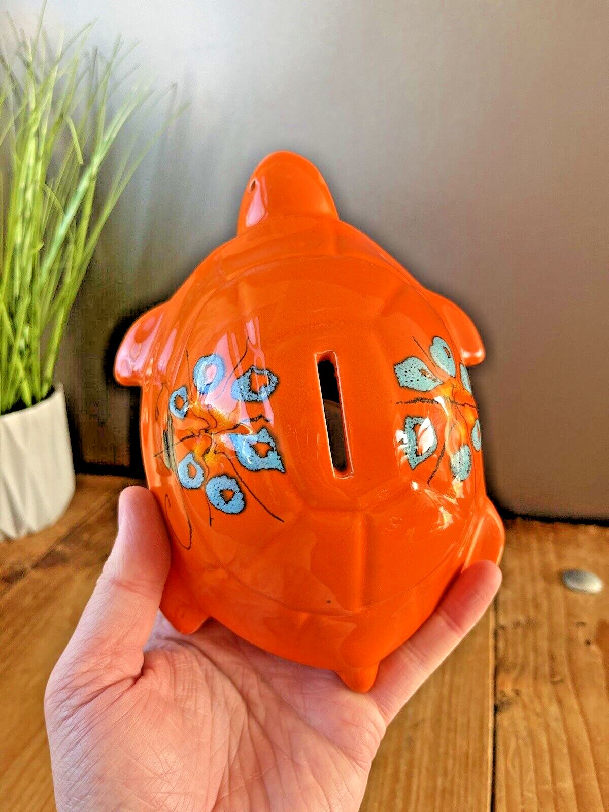 Superb 60's Bright Orange Floral Italian Sica Sicart Pottery Tortoise Money Box photo buy