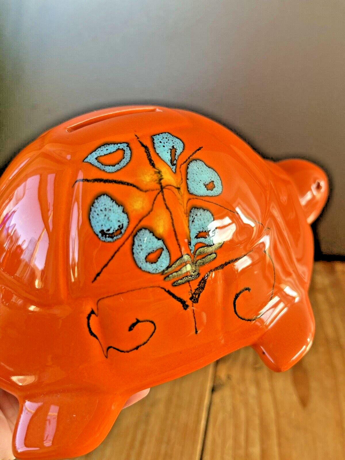 Superb 60's Bright Orange Floral Italian Sica Sicart Pottery Tortoise Money Box photo vintage