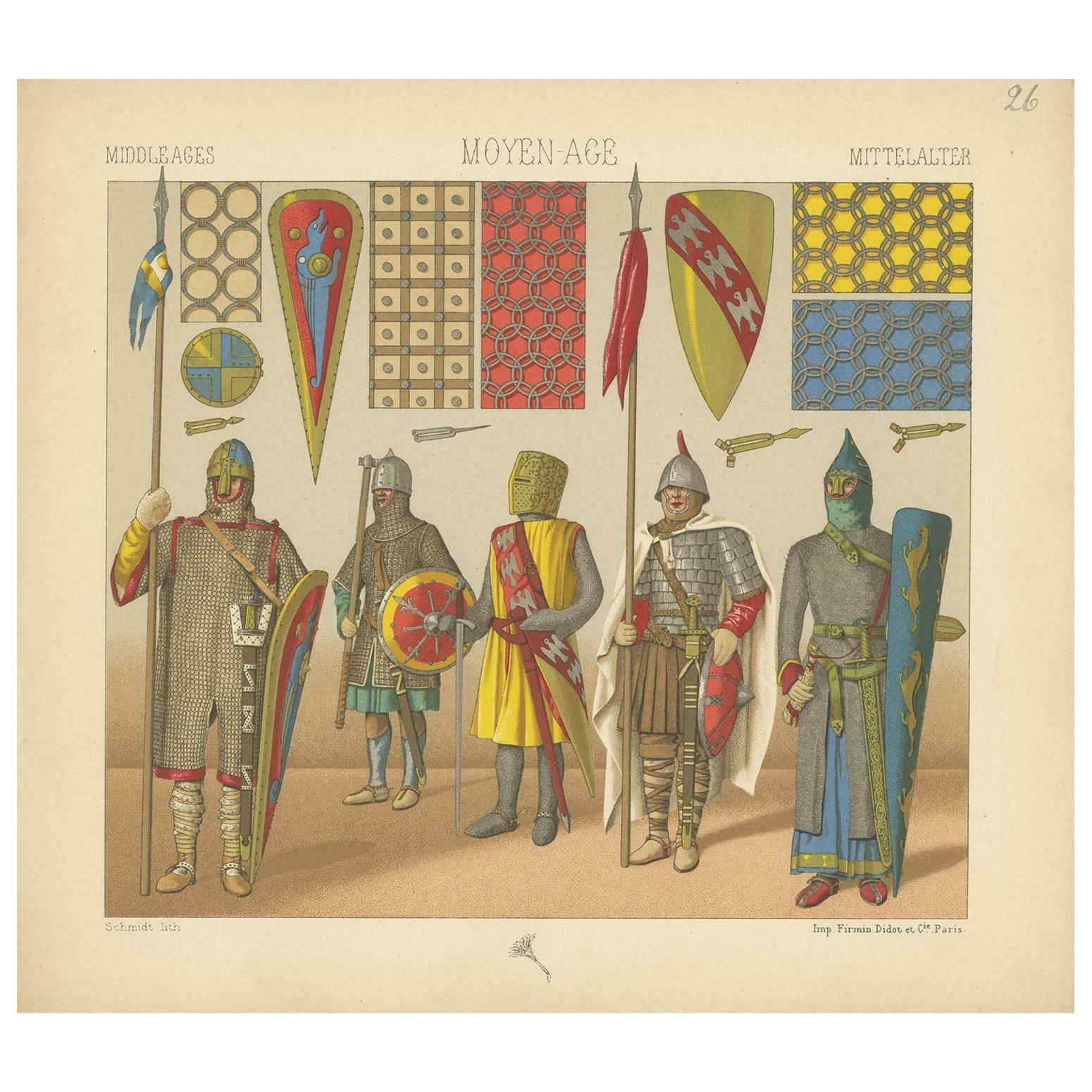 Antique Print Of Knights With Middle Ages Armament, Circa 1880