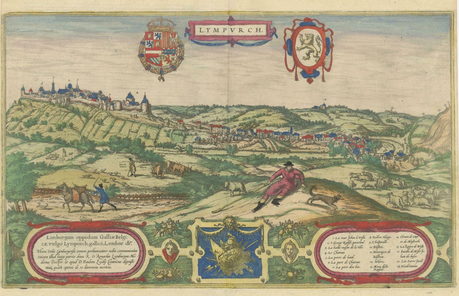 Original Antique Print Of Limbourg In Present Day Belgium, Published Circa 1580 photo for sale