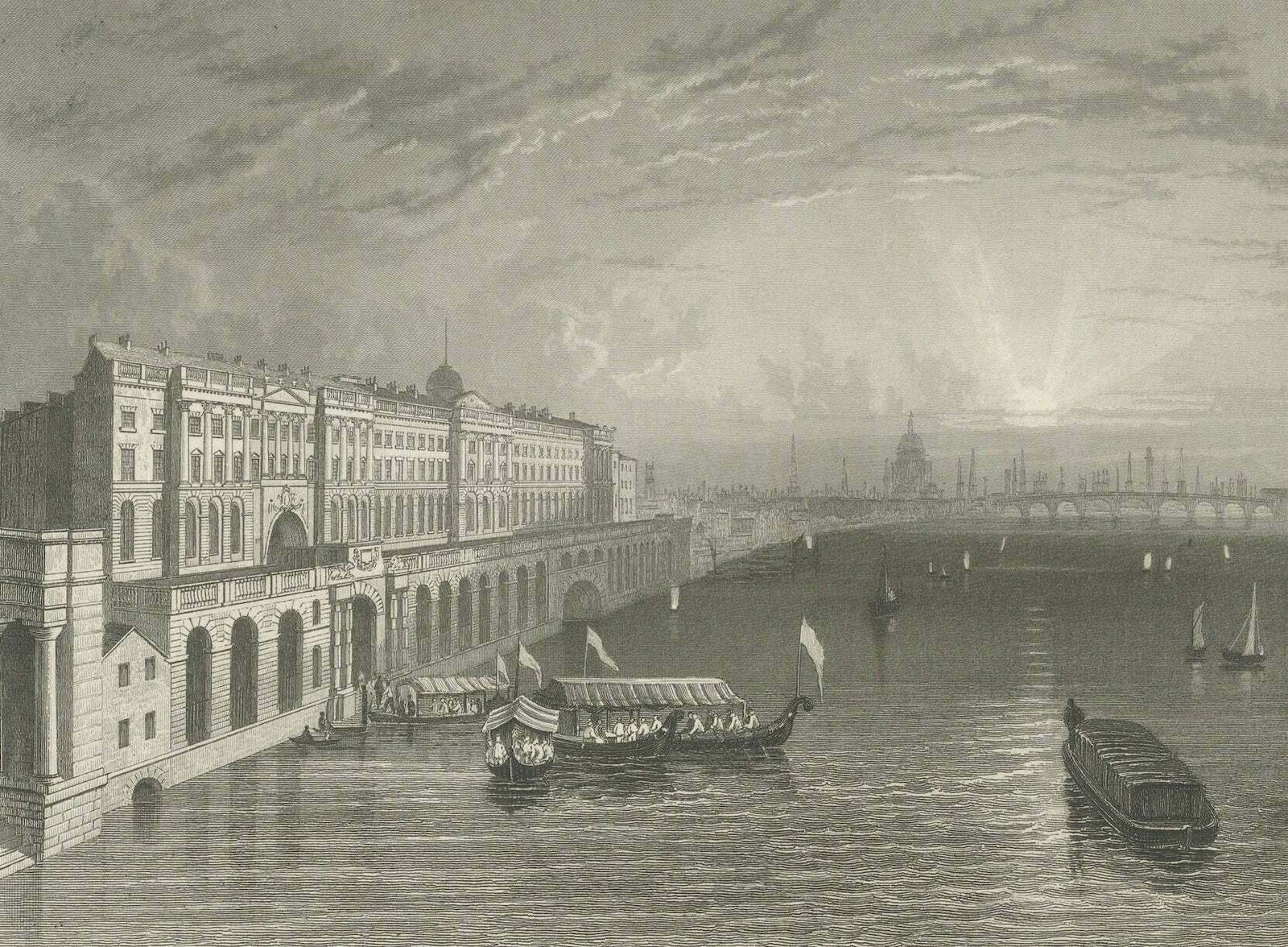 Thames Embankment And The Grandeur Of Somerset House: A Steel Engraving, 1835 photo for sale