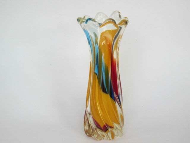 Japanese Mid Century Glass Vase Iwatsu Hineri Rainbow Fantasy Twisted Body