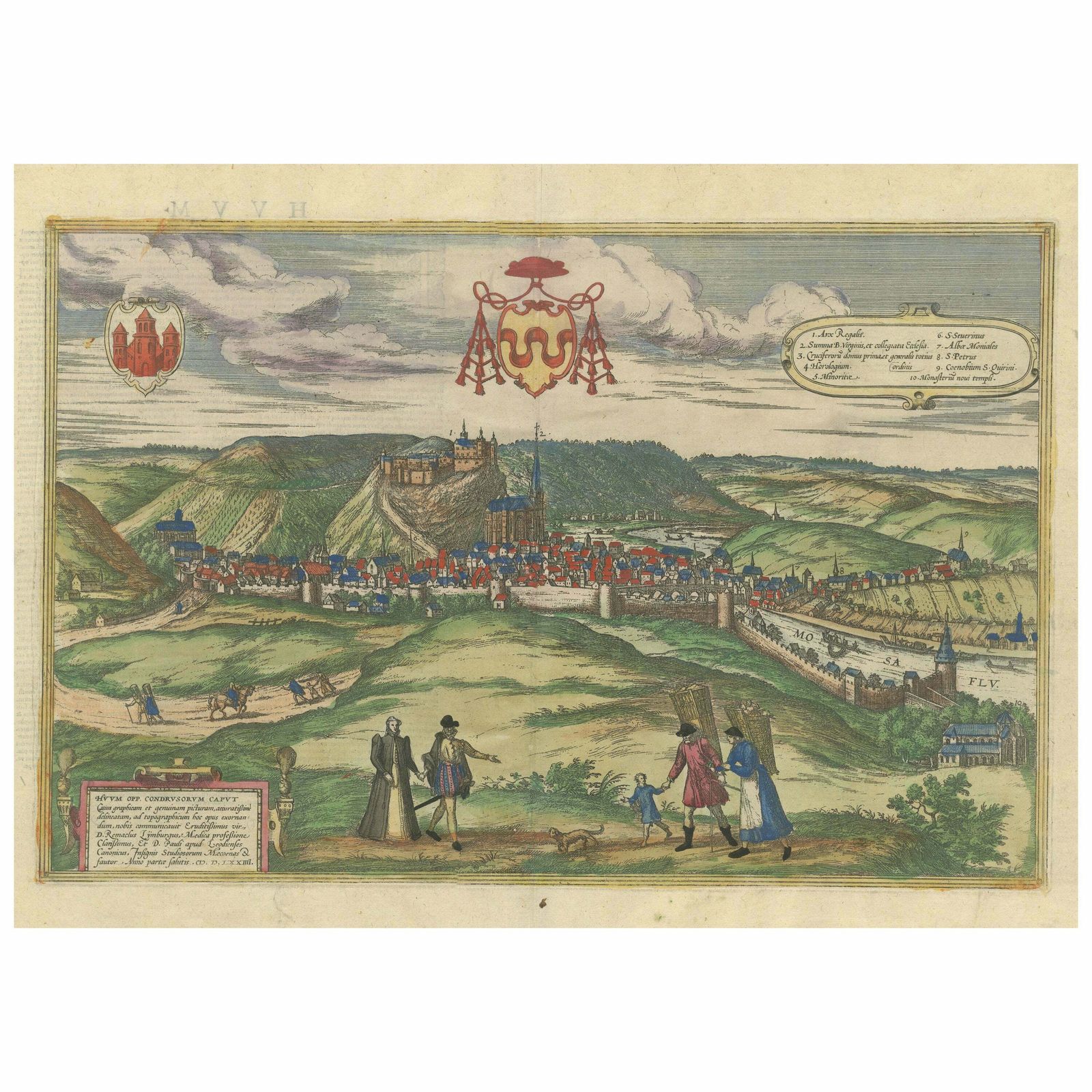 Original Antique Print Of Huy In Present Day Belgium, Published Circa 1580
