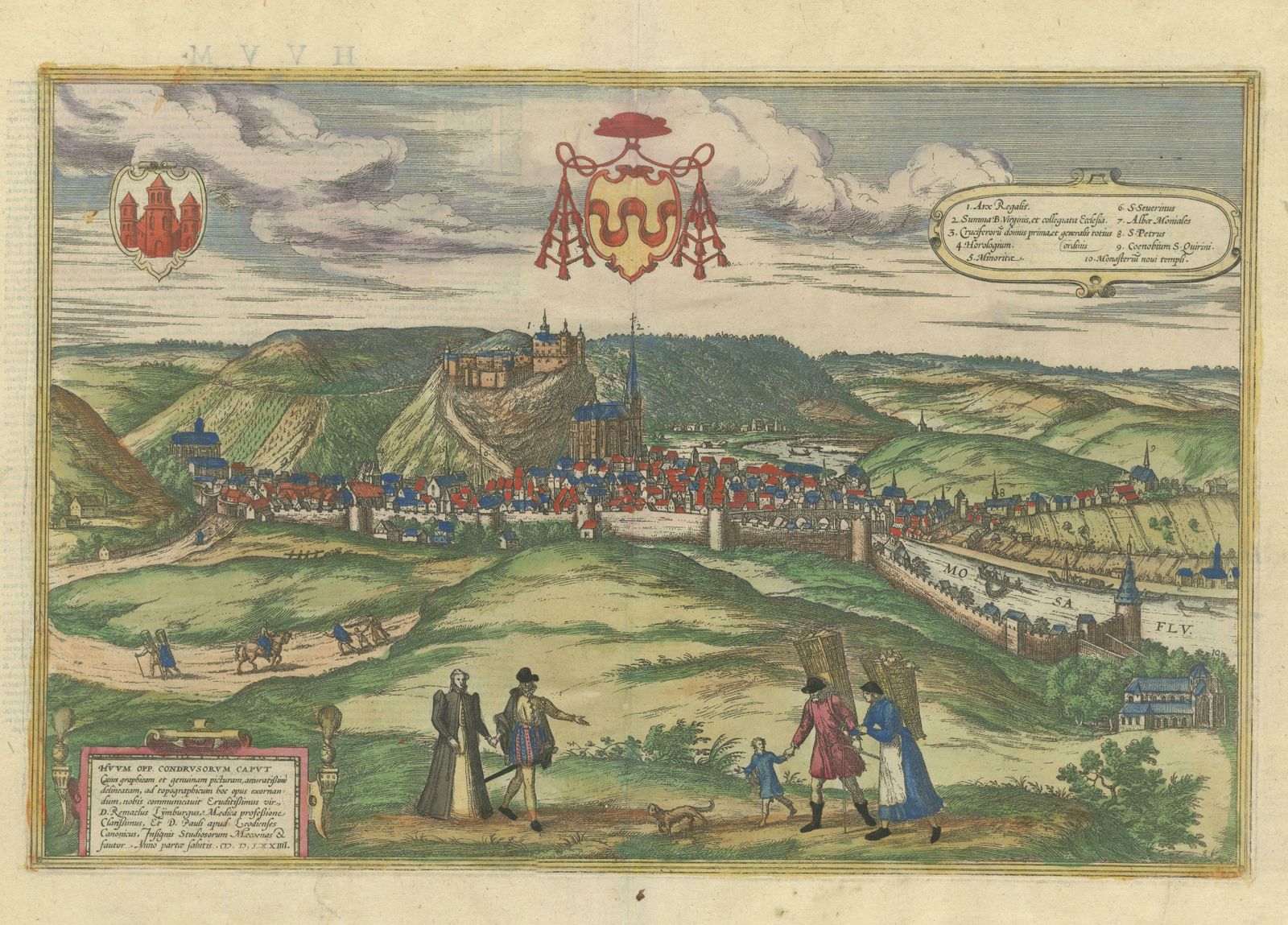 Original Antique Print Of Huy In Present Day Belgium, Published Circa 1580 photo for sale