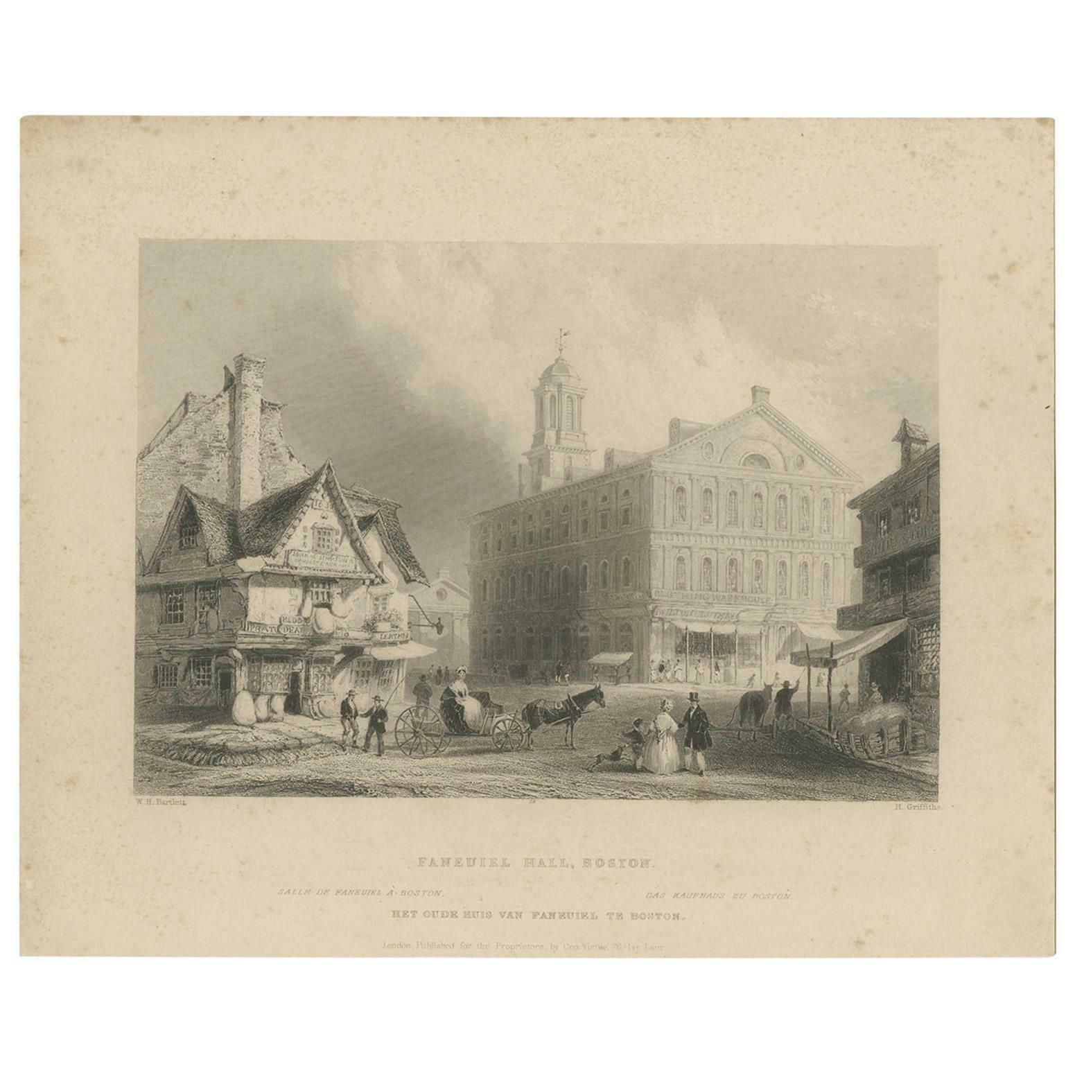 Antique Print Of Faneuil Hall In Boston, Circa 1860