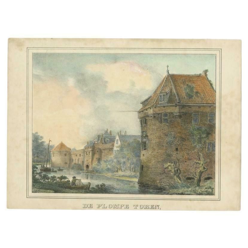 Antique Print Of The 'Plompetoren' In Utrecht By Houtman, C.1830