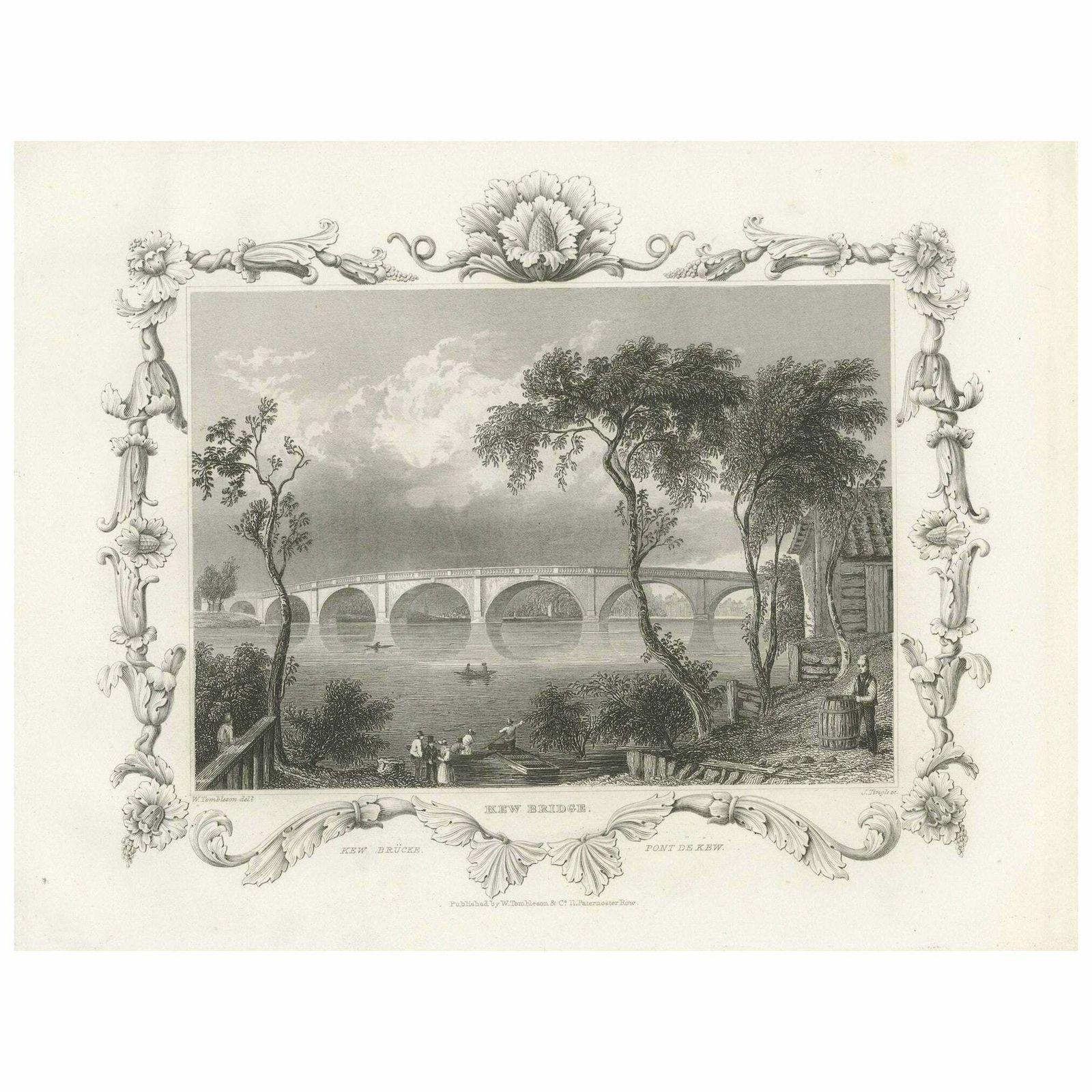 Charming Engraving Of Kew Bridge Over The River Thames, 1835