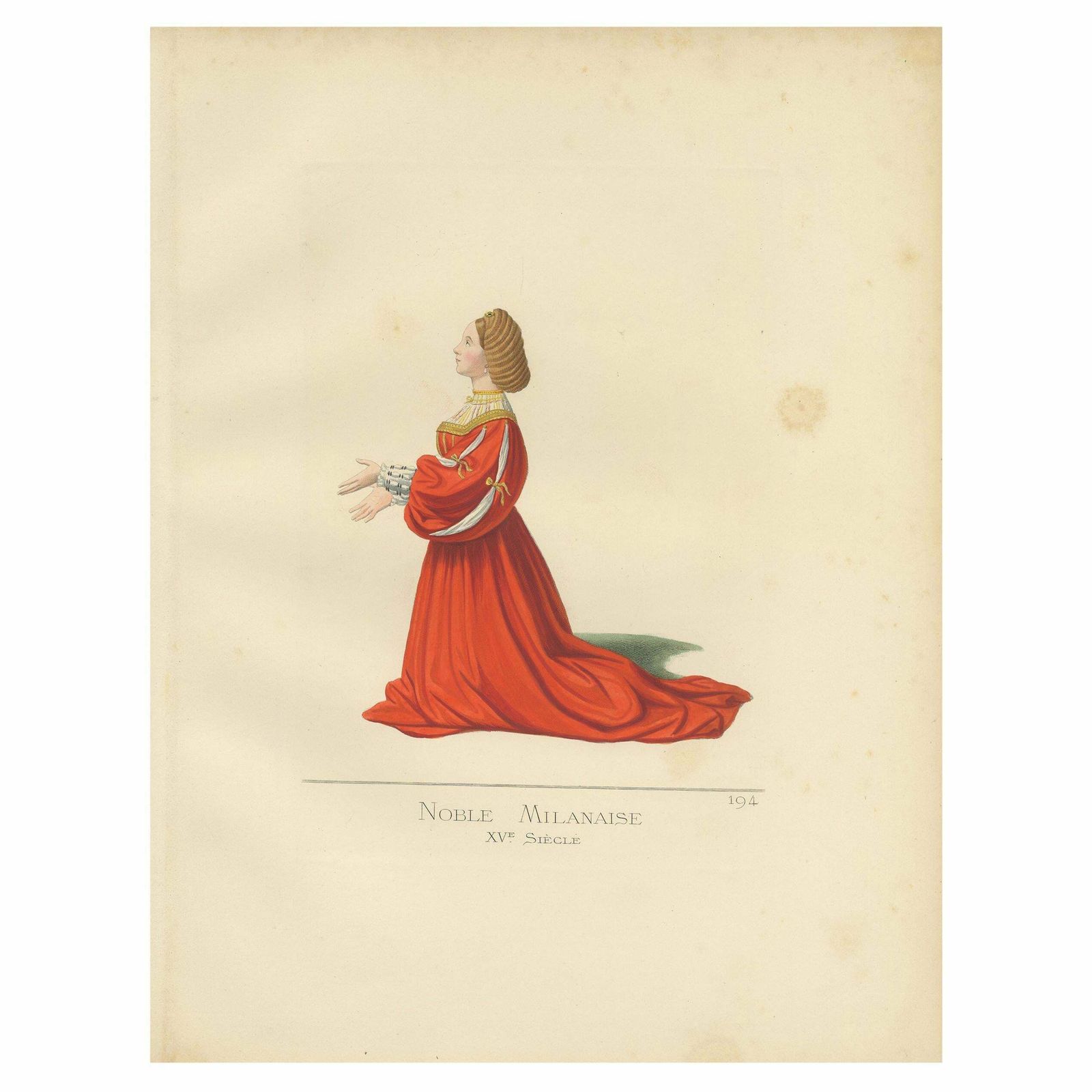 Antique Print Of A Milanese Noblewoman 15th Century, By Bonnard, 1860
