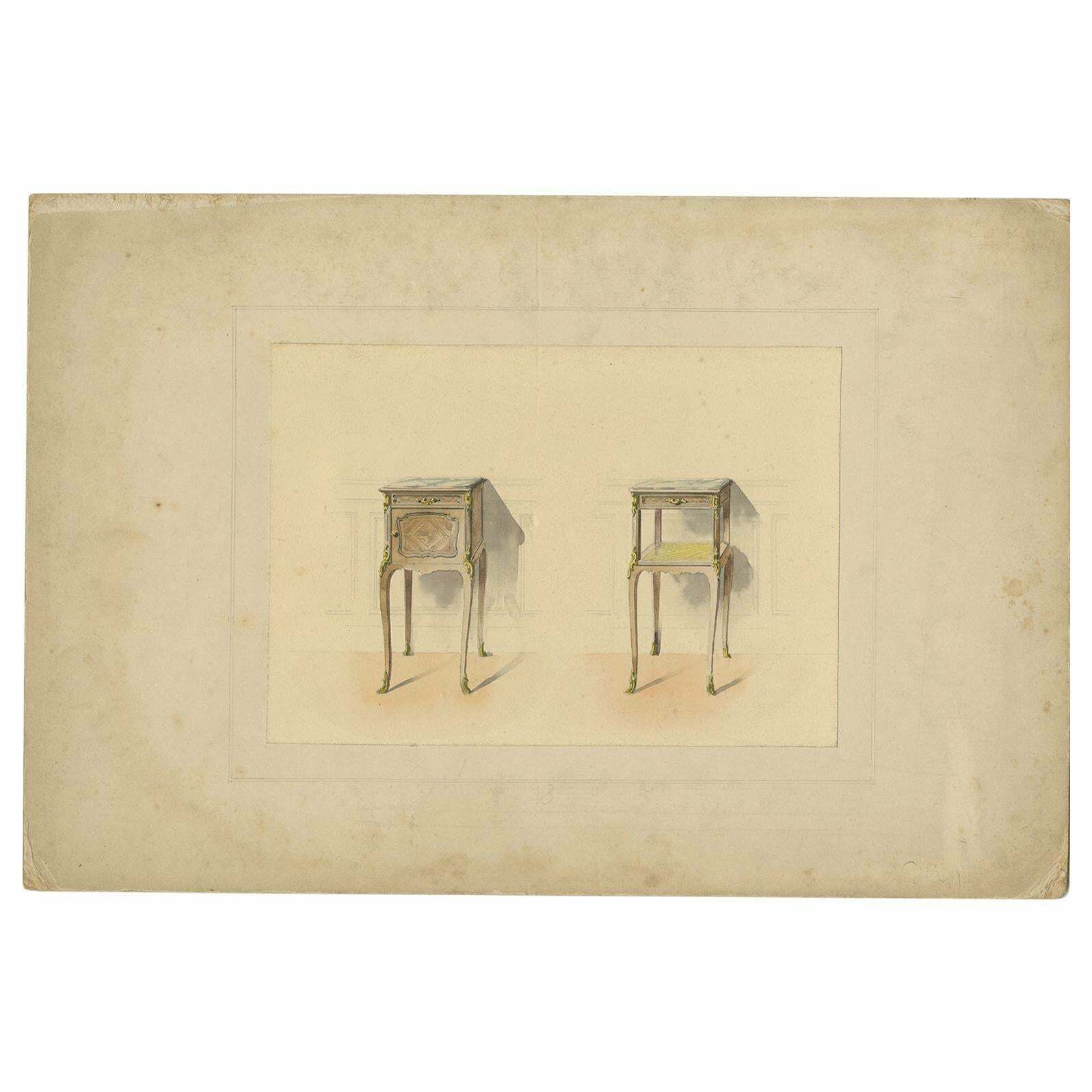 Antique Print Of The Design Of Two Sidetables/Furniture, Circa 1900