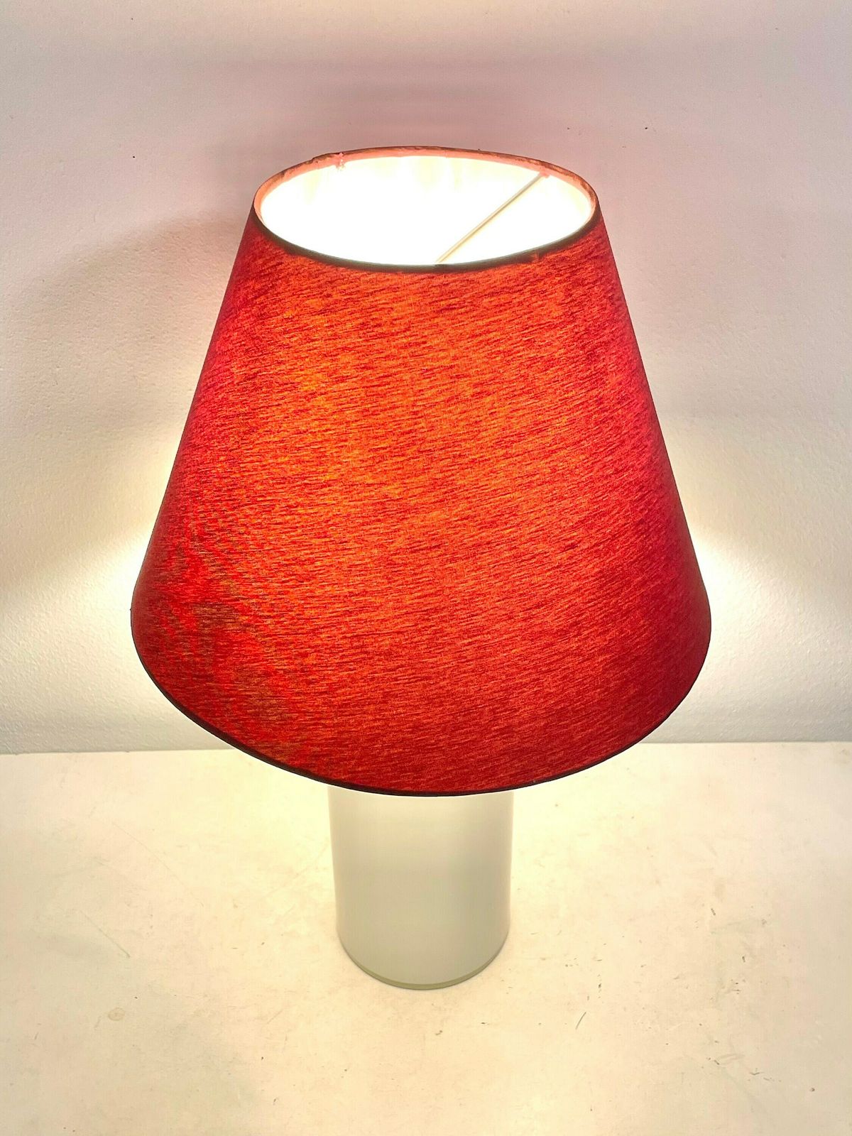 Danish Vintage Mid Century Modern Beautiful White Glass Table Lamp With Bordeaux Fabric Shade photo for sale