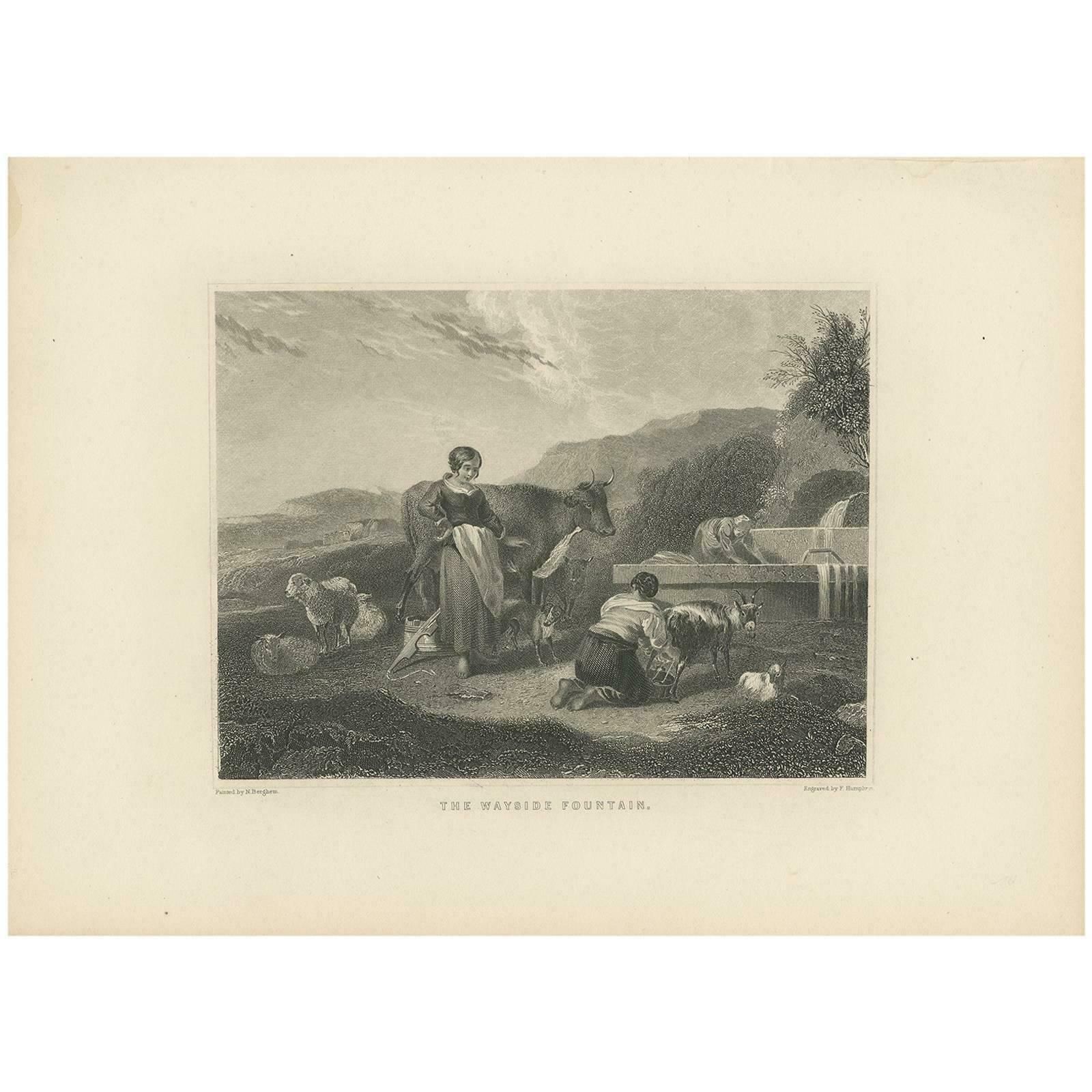 Antique Print Of The Wayside Fountain By F. Humphrys, Circa 1880