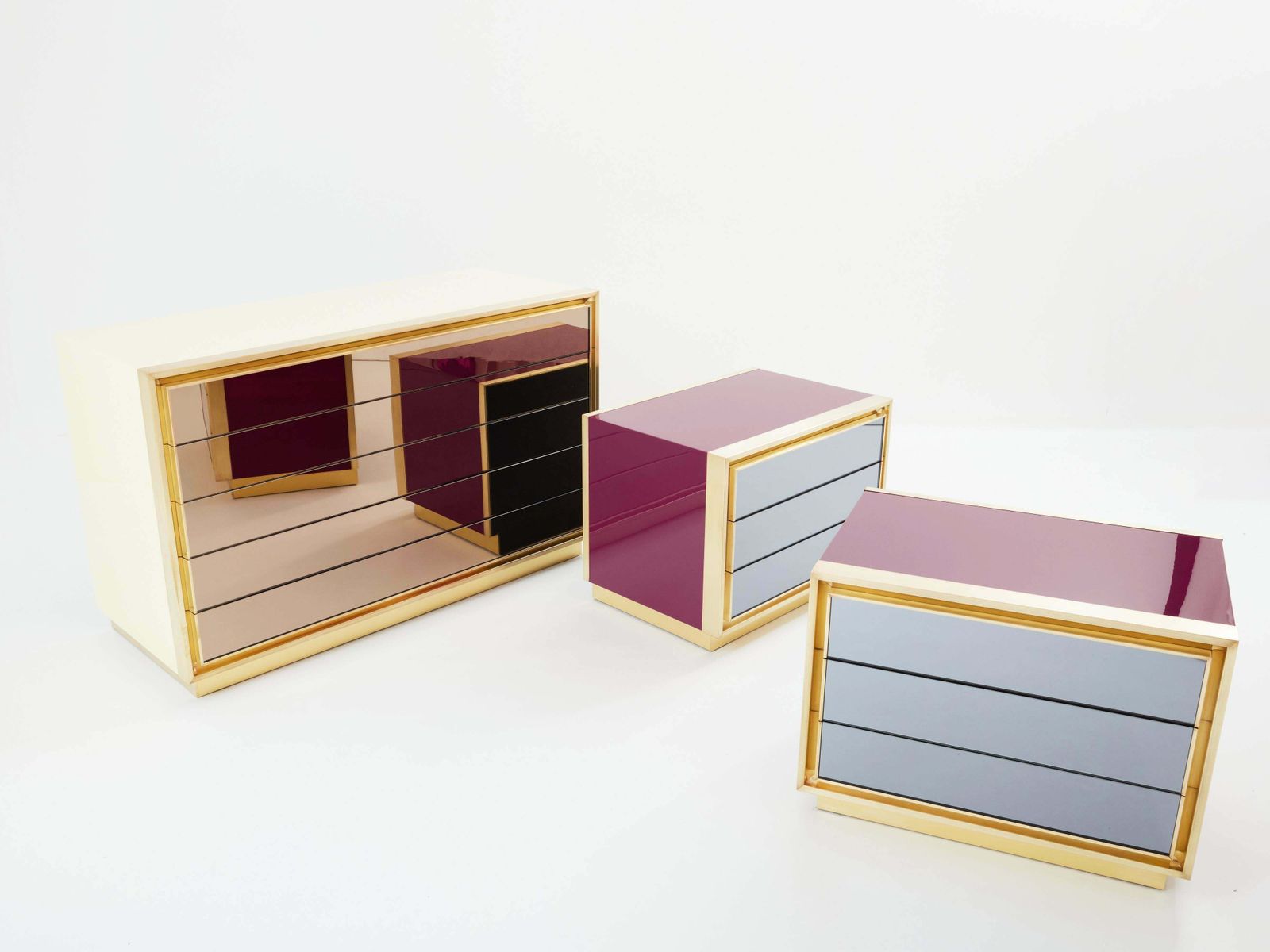 photo for sale Maison Jansen Cream Lacquer Brass Mirrored Chest Of Drawers 1970s