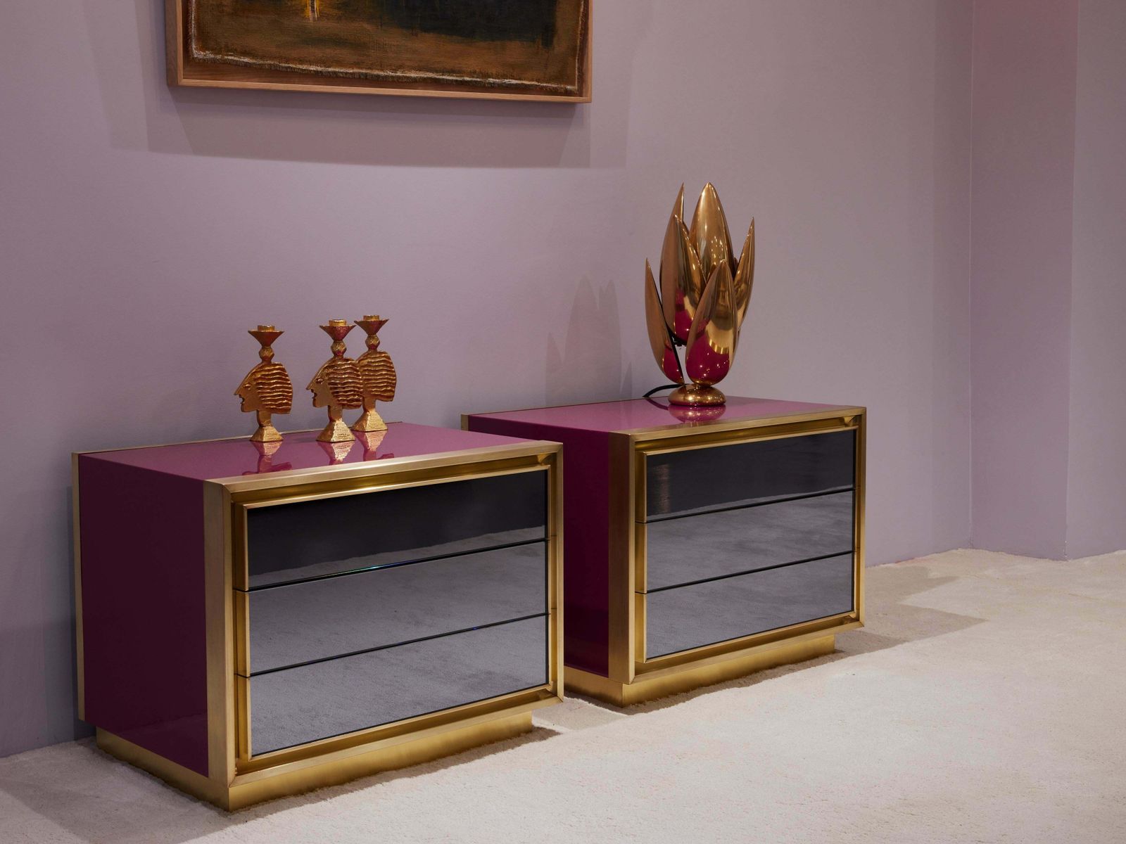 Furniture Maison Jansen Raspberry Lacquer Brass Mirrored Nightstands 1970s photo