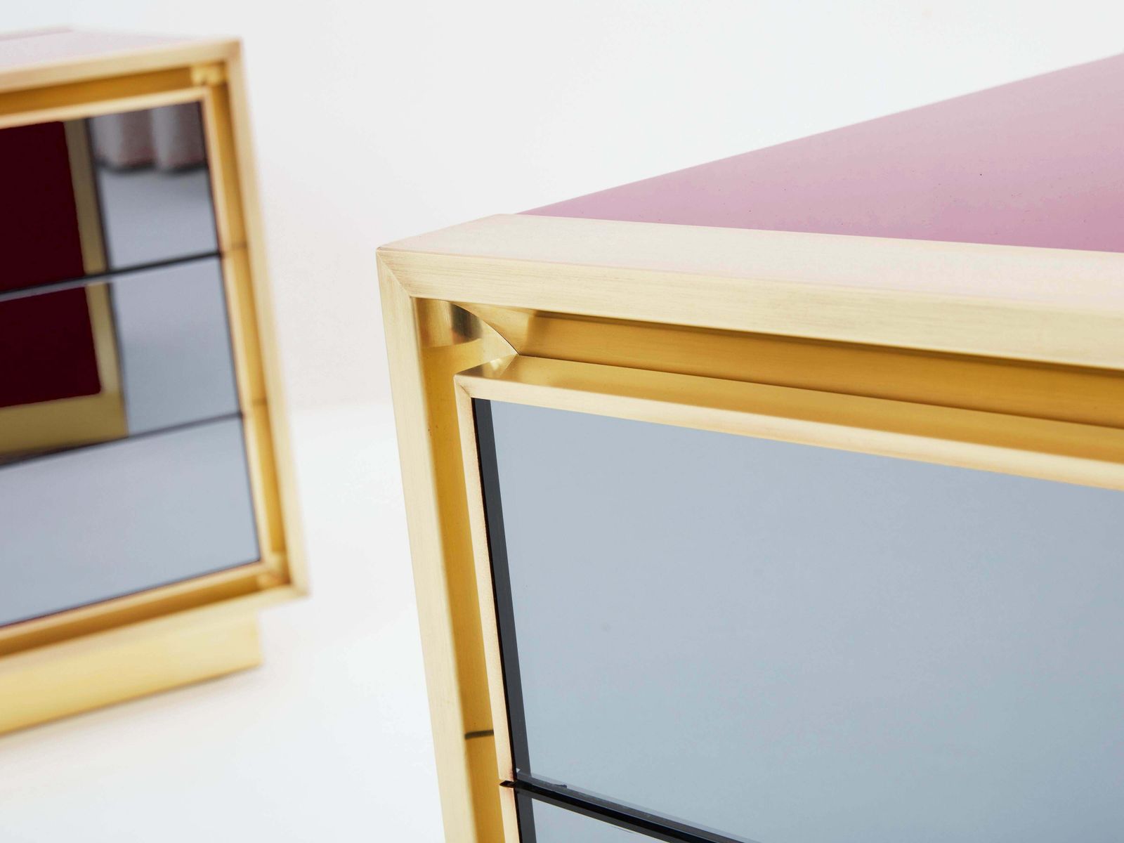 photo buy Maison Jansen Raspberry Lacquer Brass Mirrored Nightstands 1970s