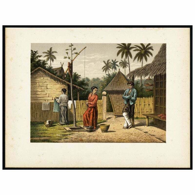Antique Print Of A Domestic Scene In A Kampung On Java, Indonesia, 1888