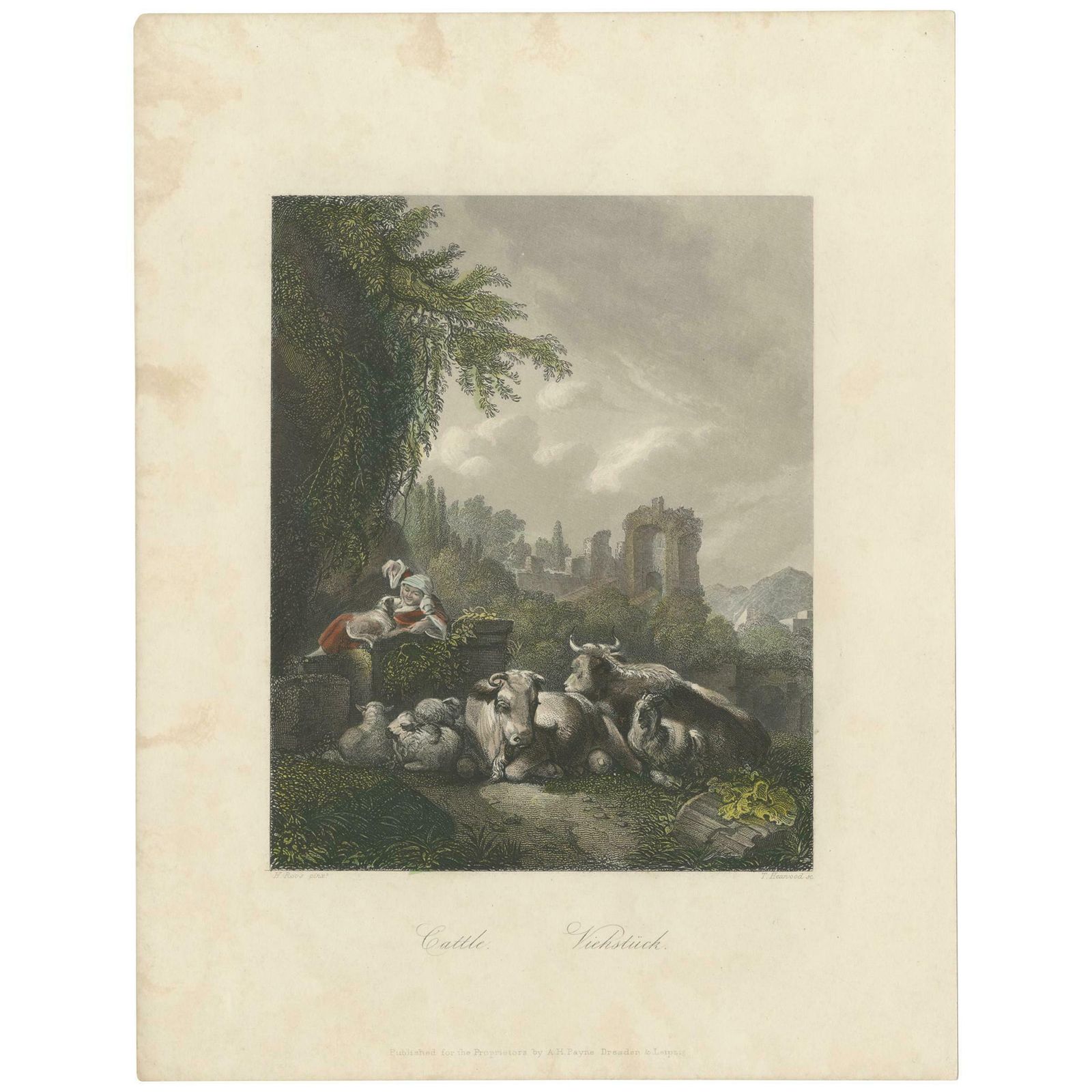Antique Print Of A Woman With A Dog And Cattle By Payne, 'C.1850'