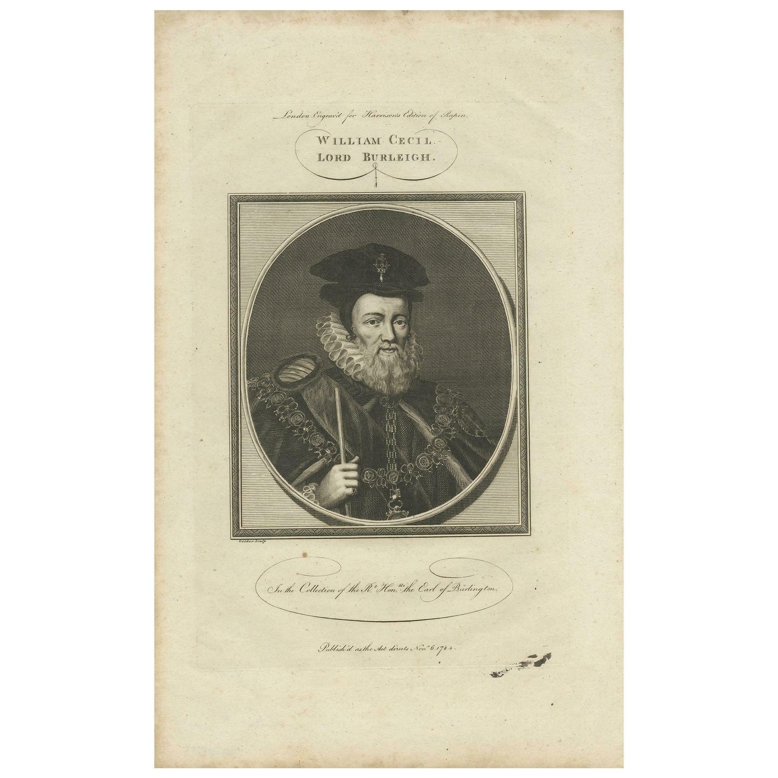 Antique Portrait Of William Cecil By Goldar, 1784