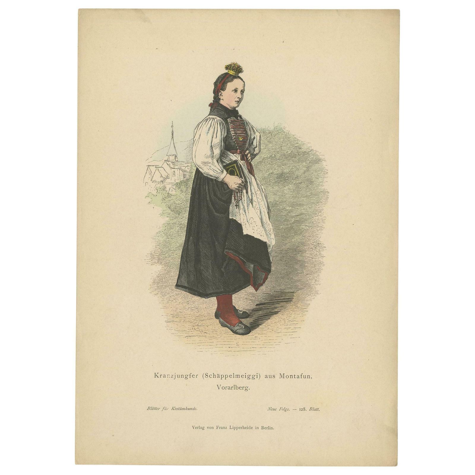 Antique Print Of A Woman From Montafon In Winter Costume, Circa 1880