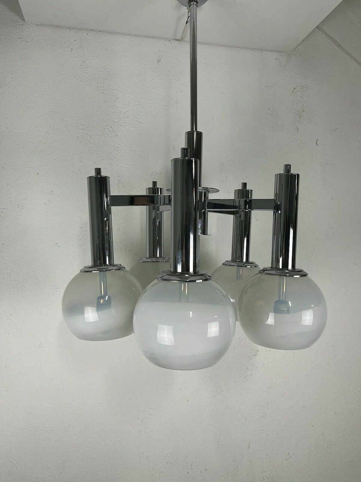 photo vinterior Murano Glass Steel Chandelier 5 Lights Poli Sotis 1960s Vintage Design