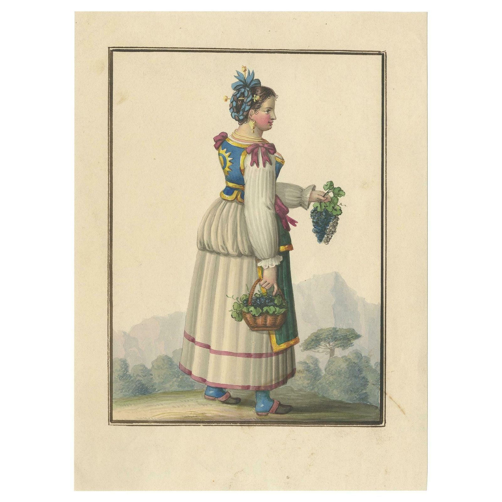 Antique Print Of A Woman Harvesting Grapes 'Circa 1880'