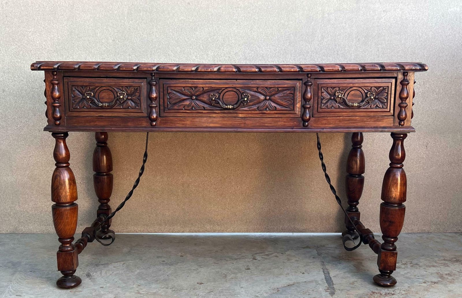 20th Two Sides French Louis XV Style Carved Walnut Desk With Three Drawers photo furniture