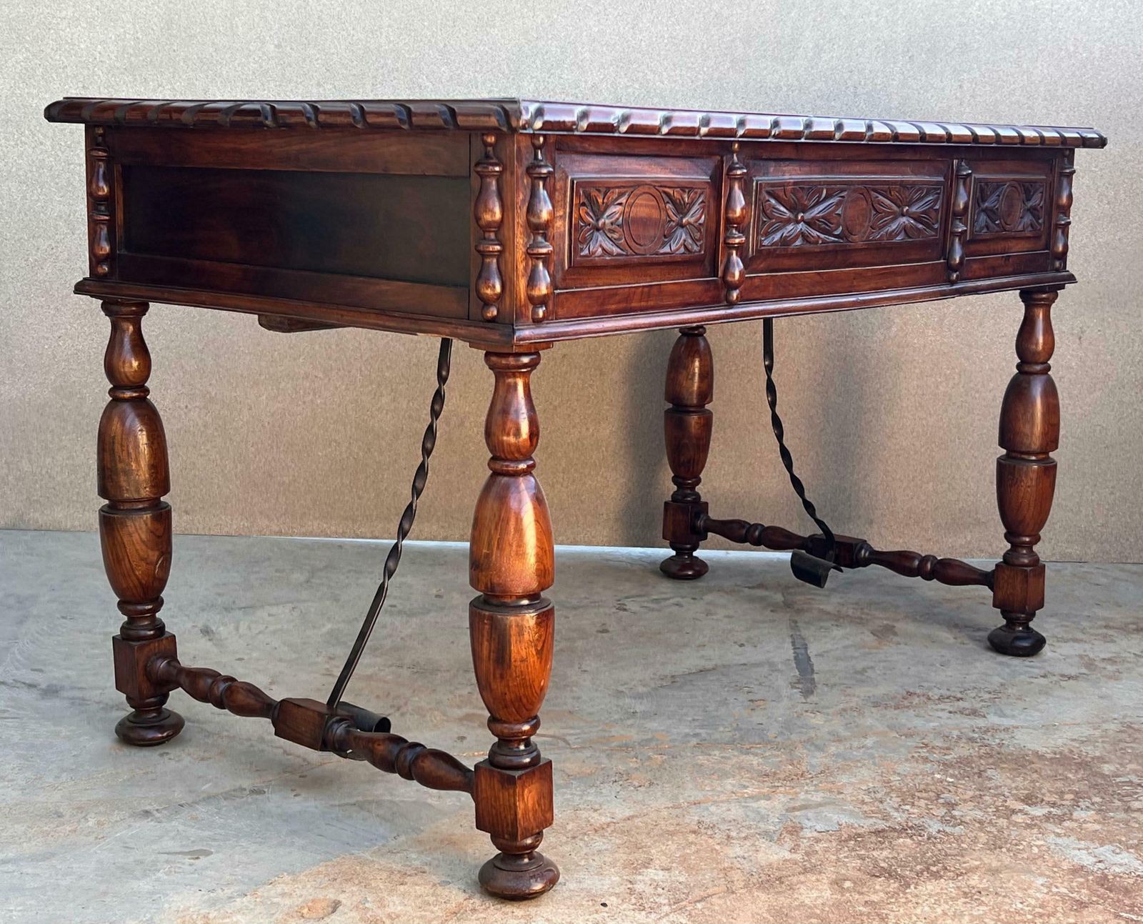 20th Two Sides French Louis XV Style Carved Walnut Desk With Three Drawers photo vinterior