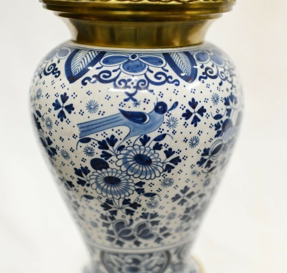 Delft Porcelain Clock Mantle Garniture Gilt Urns photo for sale