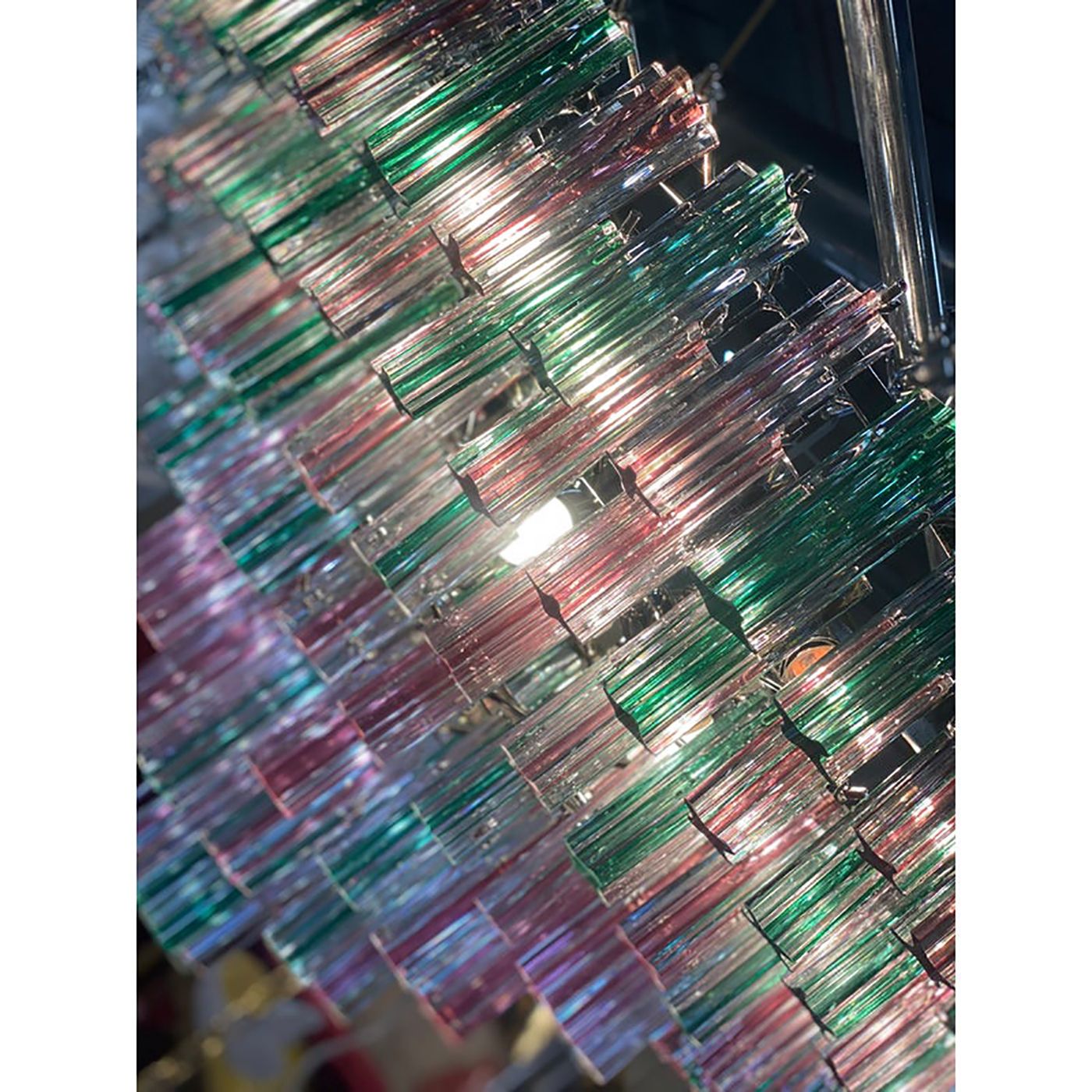photo for sale 1970s Italian Vintage Green And Pink "Quadriedro" Murano Glass Chandelier