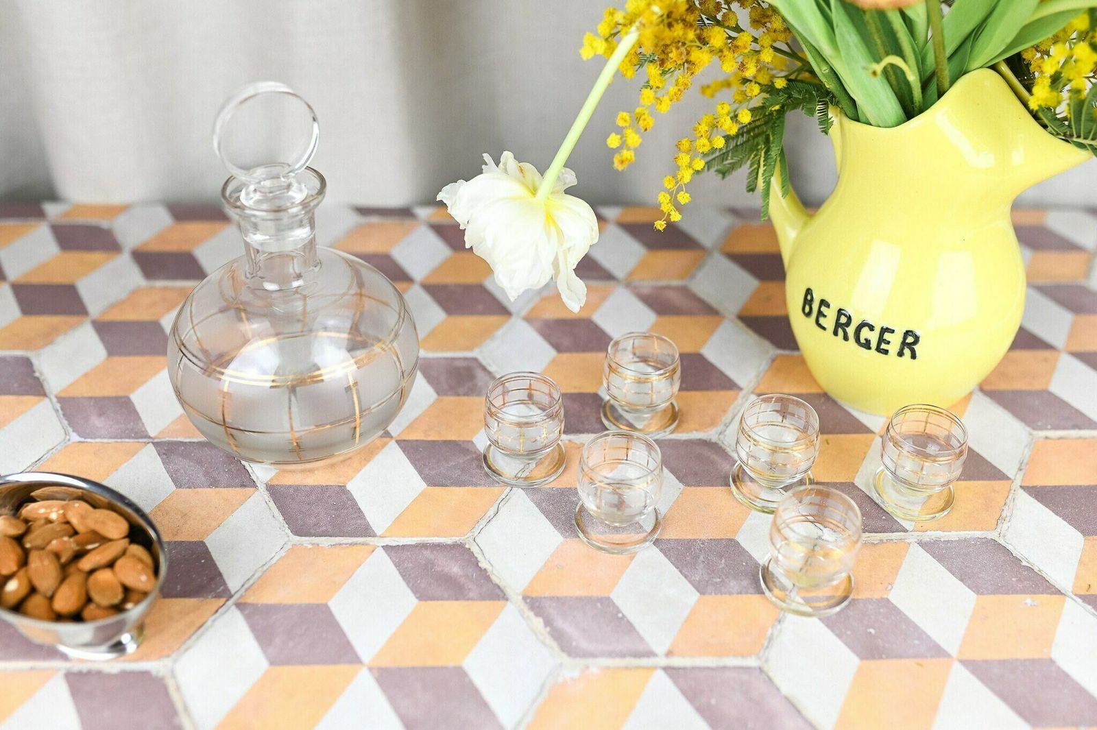 Glass Liquor Carafe/Decanter With 6 Shot Glasses, Made In France, Circa 1950