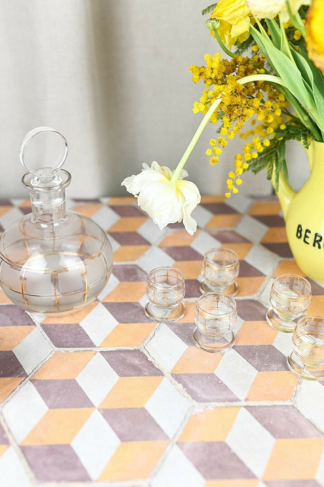Glass Liquor Carafe/Decanter With 6 Shot Glasses, Made In France, Circa 1950 photo for sale