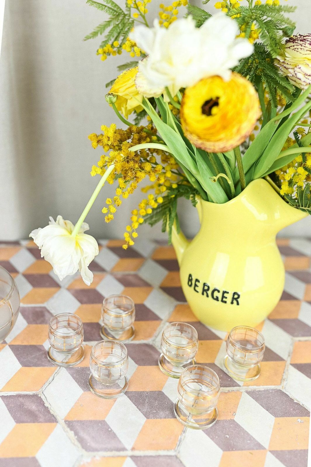 Glass Liquor Carafe/Decanter With 6 Shot Glasses, Made In France, Circa 1950 photo Home Decor