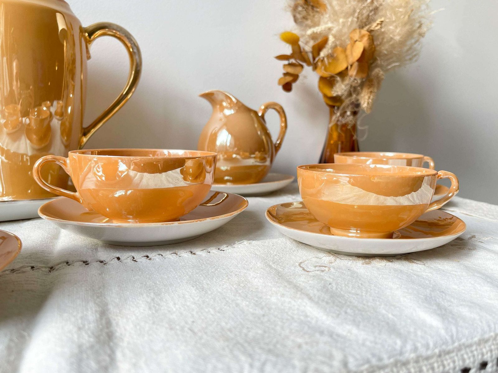 Vintage Luster Czecho Slovaquia Victoria China Iridescent Peach Tea Set 1950   Midcentury Lusterware Czecho Slovaquia   Cups photo 153.0