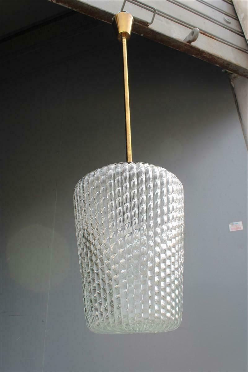 photo vintage Mid Century Lantern Seguso Ceiling Lamp, Murano Glass And Brass, 1940s