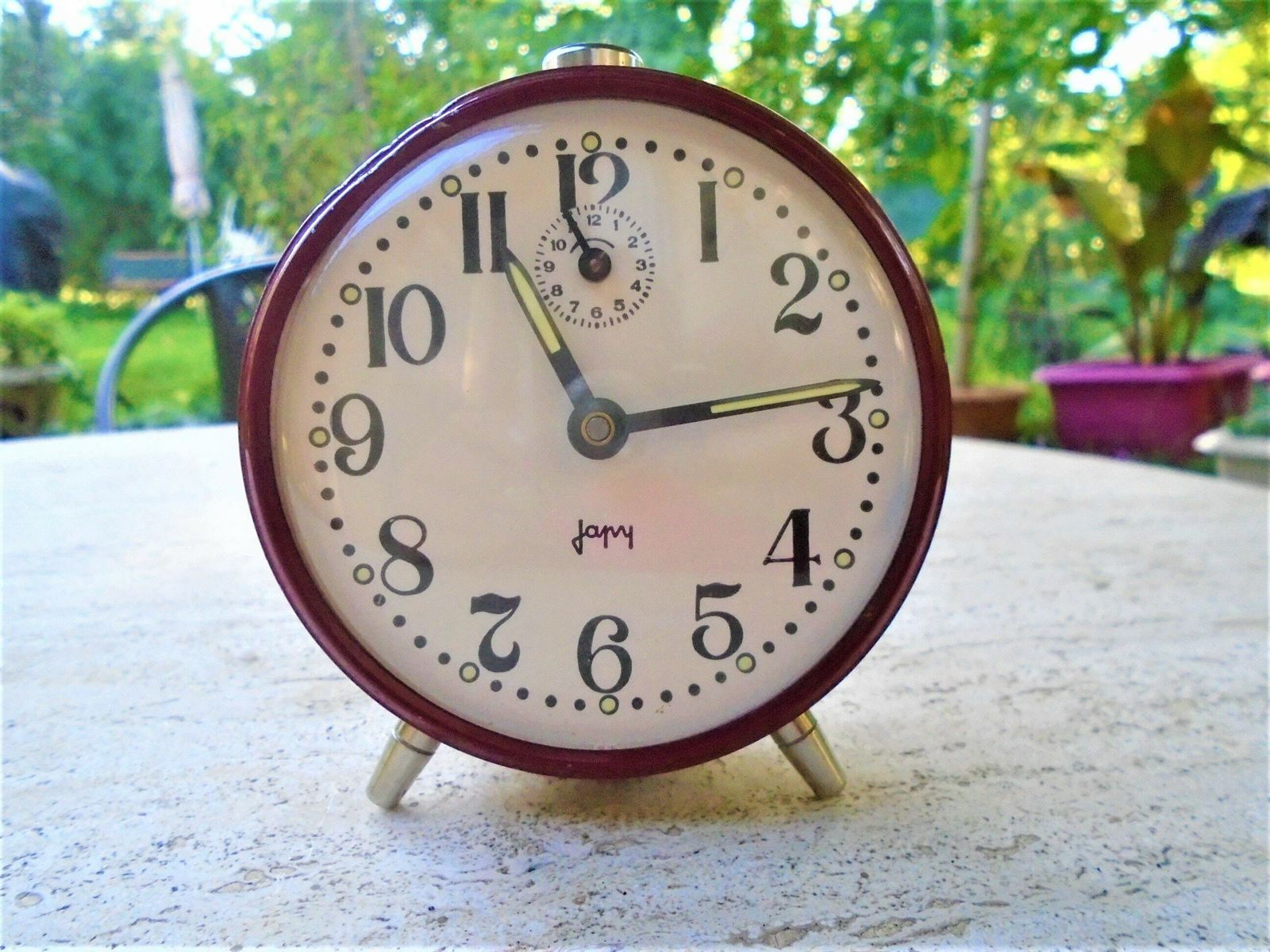 Vintage French Japy Mechanical Alarm Clock, Burgundy Red, 60s 70s, In Full Working Order