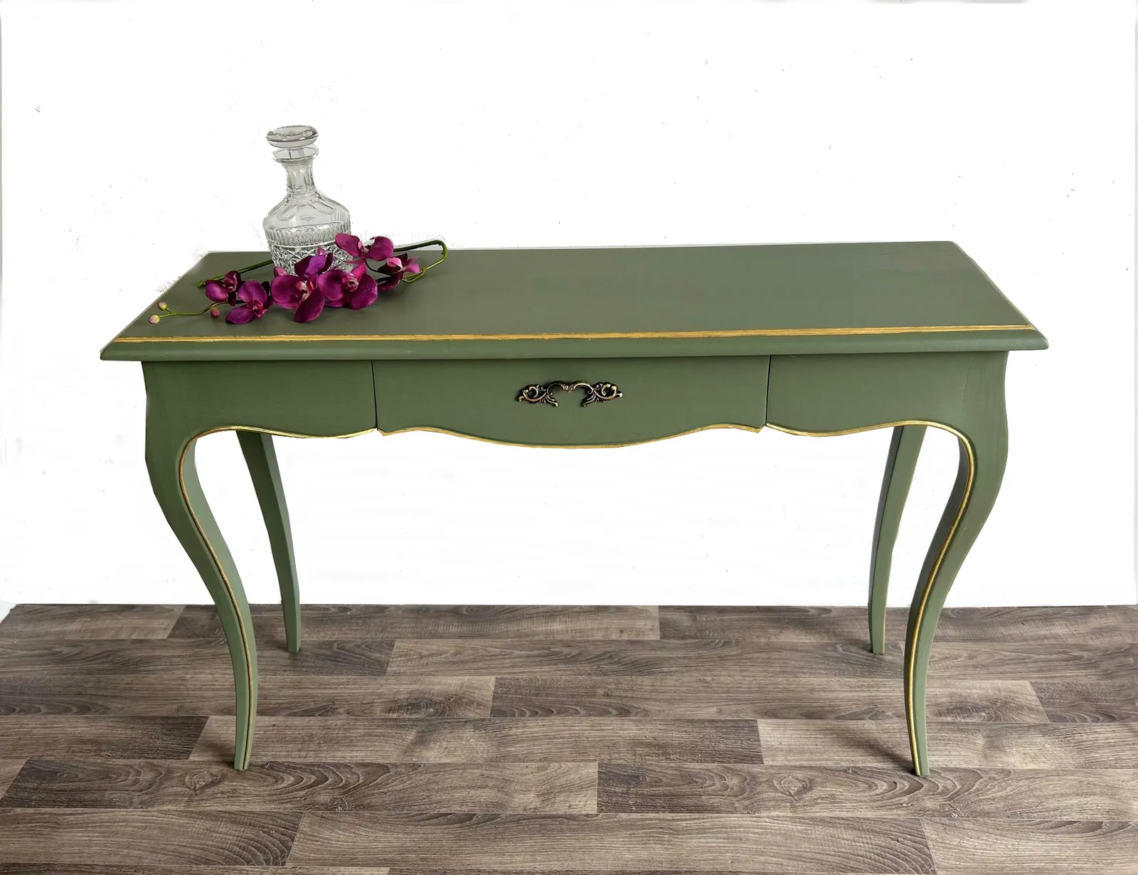 1970s Green & Gold Mid Century Vintage Solid Wood Dressing Table Hand Painted, Refurbished