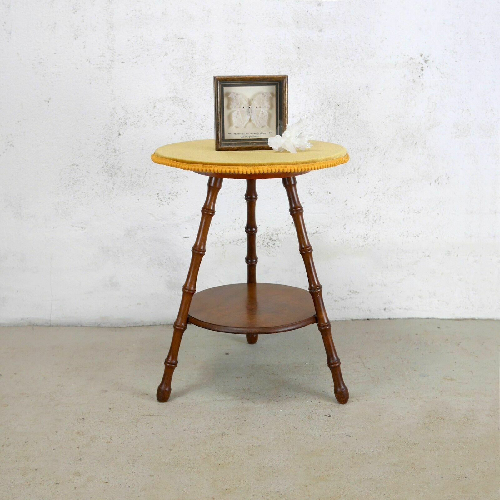 Antique Victorian Faux Bamboo Tripod Round Side Lamp Table Mustard Velvet