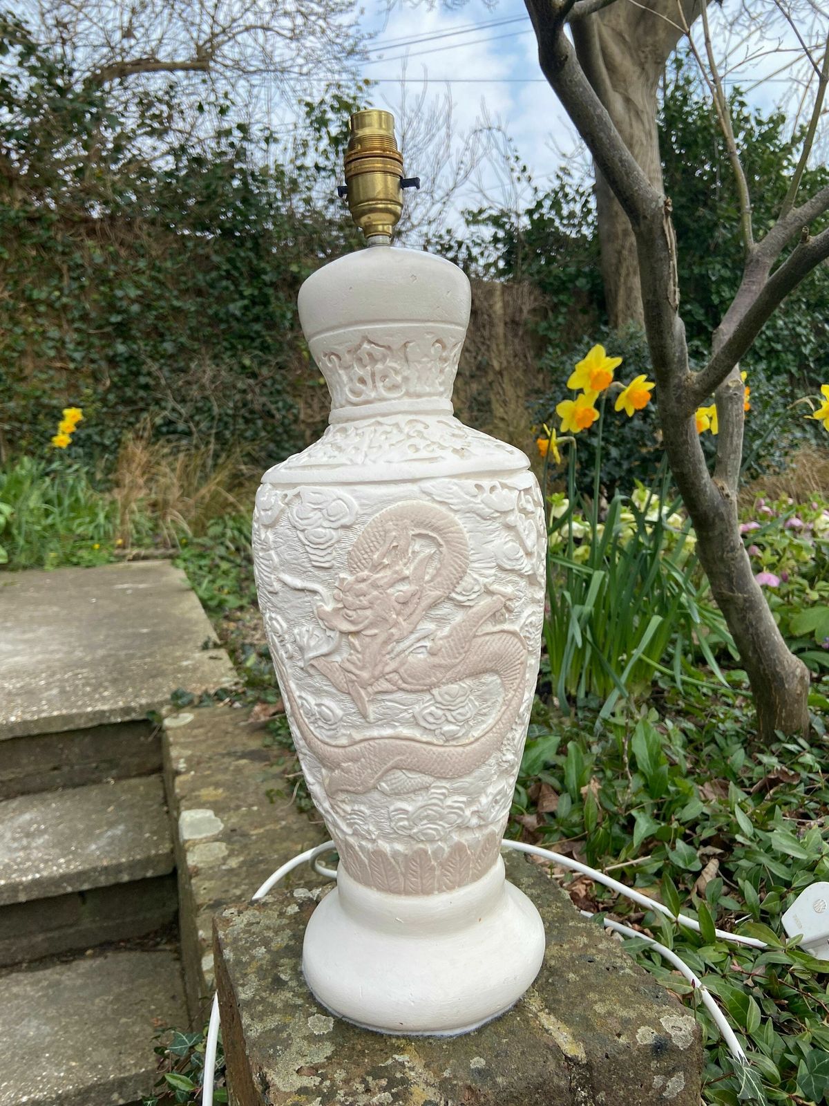 Large Vintage Oriental Dragon Style Handcrafted And Handpainted Plastercast Lamp   Dragon Detail, Cream And Beige photo furniture