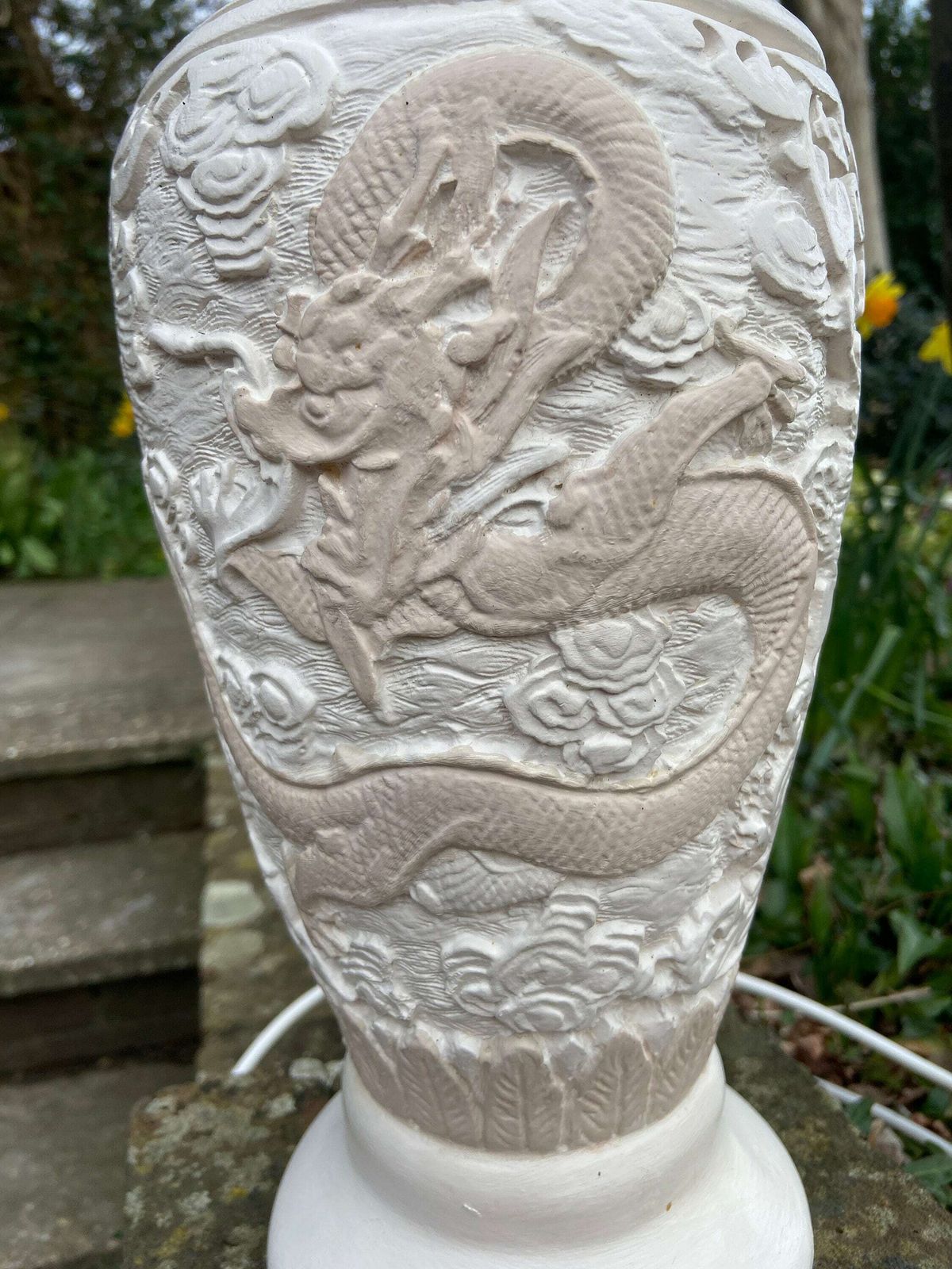 Large Vintage Oriental Dragon Style Handcrafted And Handpainted Plastercast Lamp   Dragon Detail, Cream And Beige photo for sale
