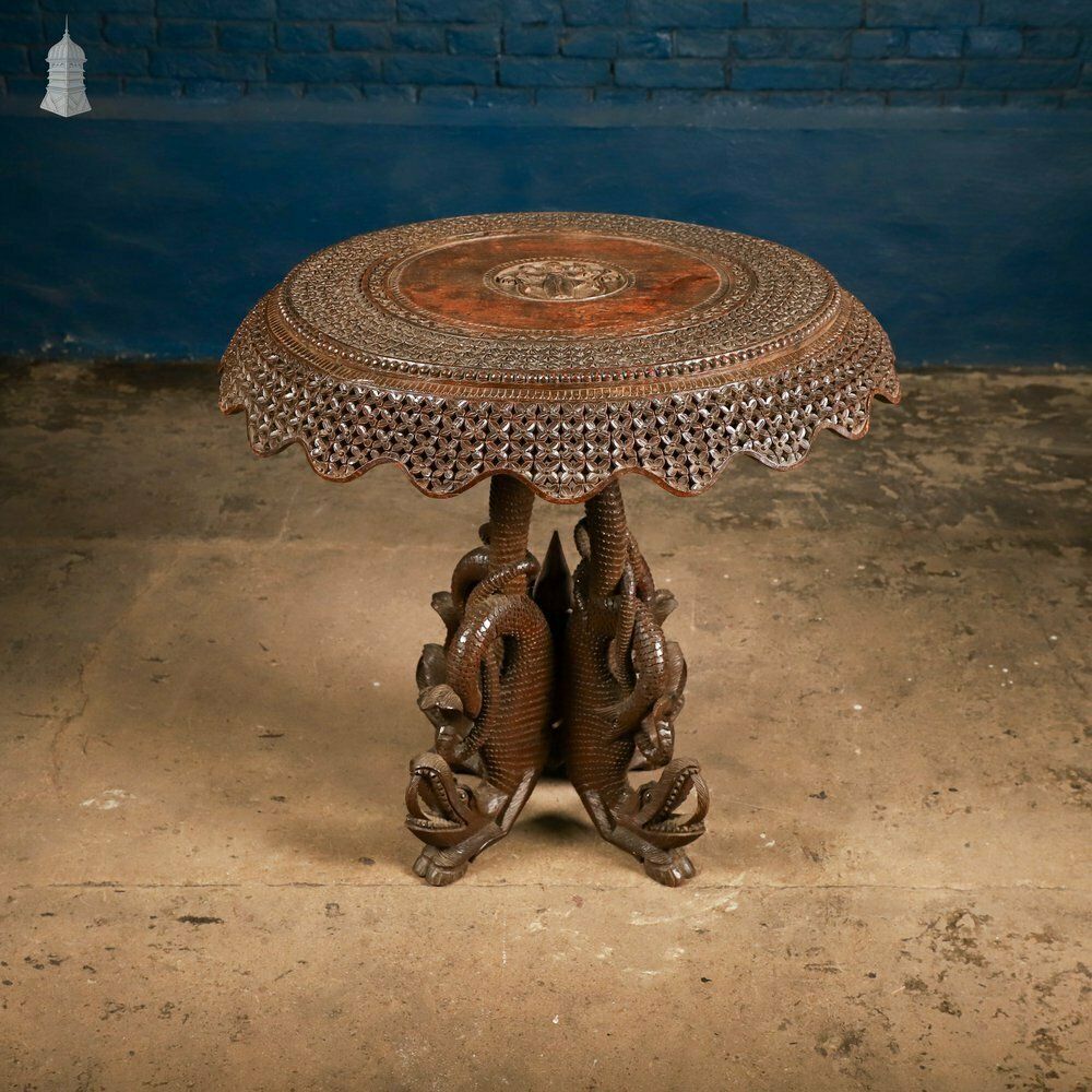 Carved Burmese Side Table, Serpent Base With Pierced Floral Circular Top