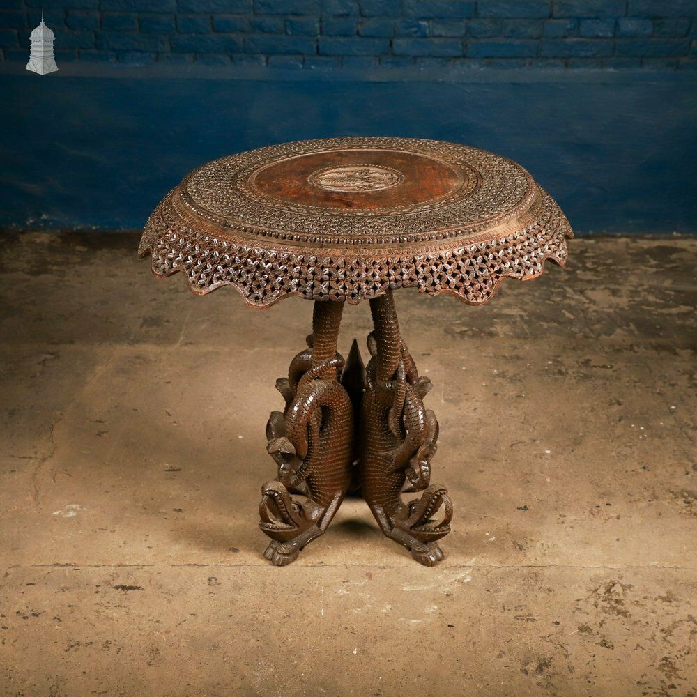 Carved Burmese Side Table, Serpent Base With Pierced Floral Circular Top photo furniture